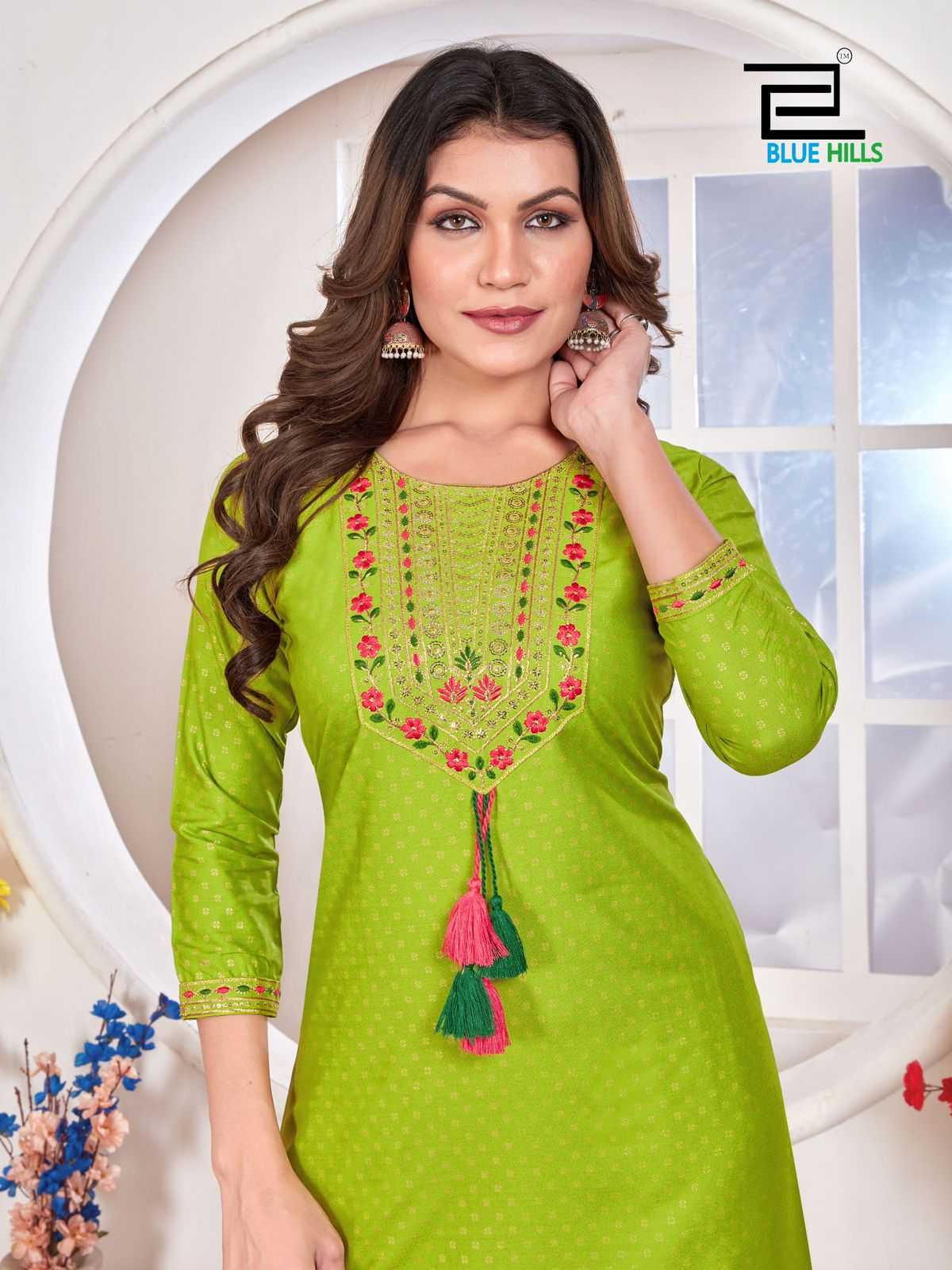 priya by blue hills stylish straight cut rayon zari & sequence work readymade big size kurti 