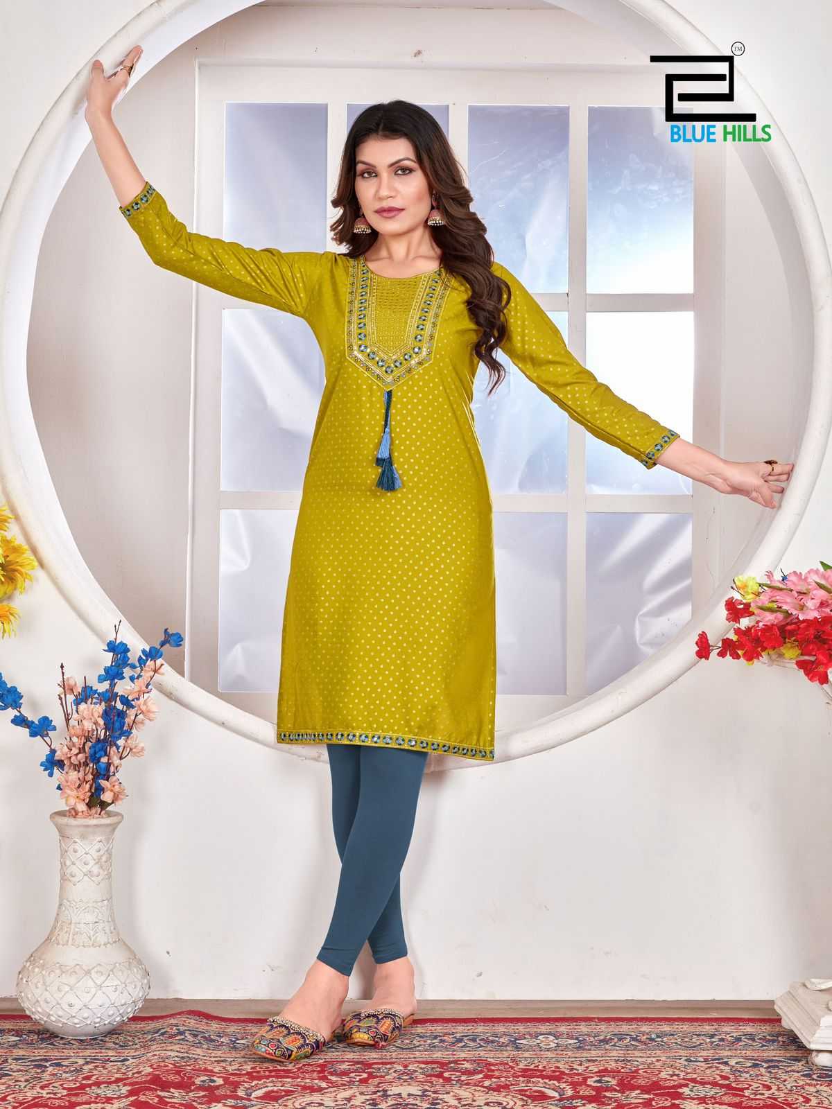 priya by blue hills stylish straight cut rayon zari & sequence work readymade big size kurti 