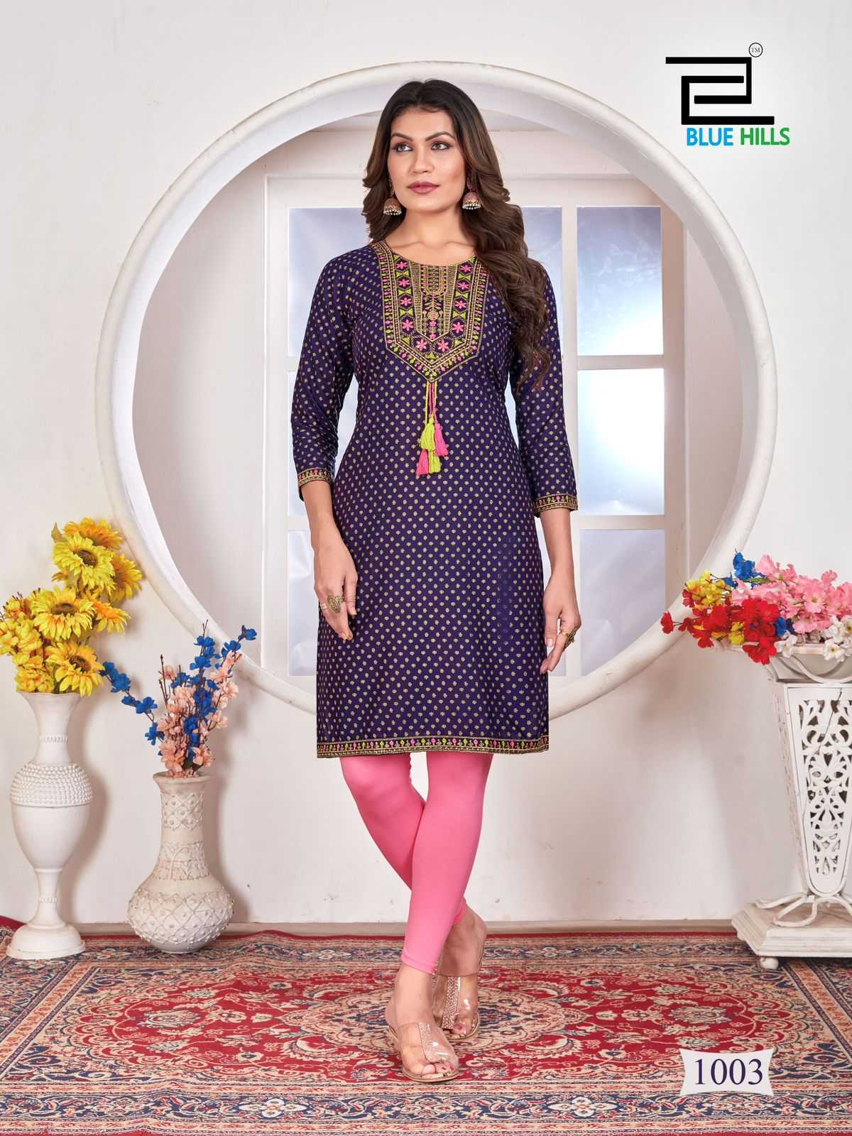 priya by blue hills stylish straight cut rayon zari & sequence work readymade big size kurti 