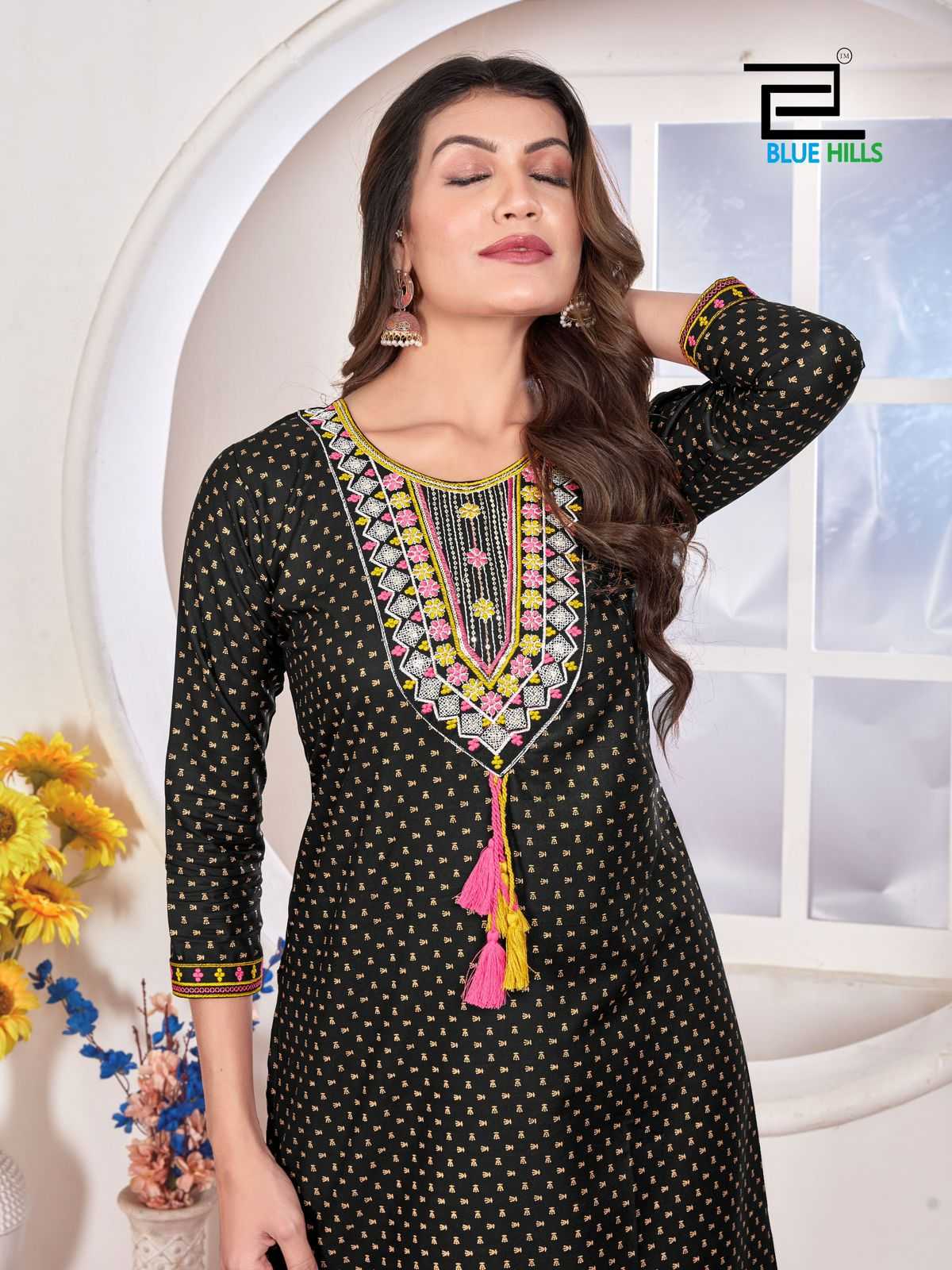 priya by blue hills stylish straight cut rayon zari & sequence work readymade big size kurti 
