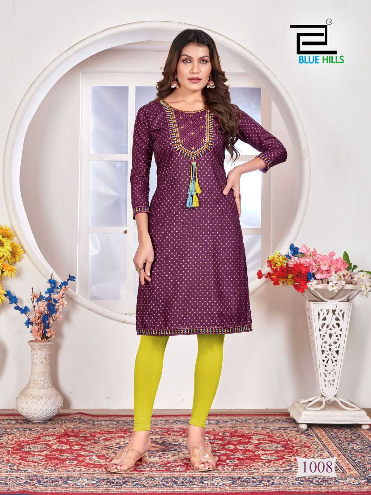 priya by blue hills stylish straight cut rayon zari & sequence work readymade big size kurti 