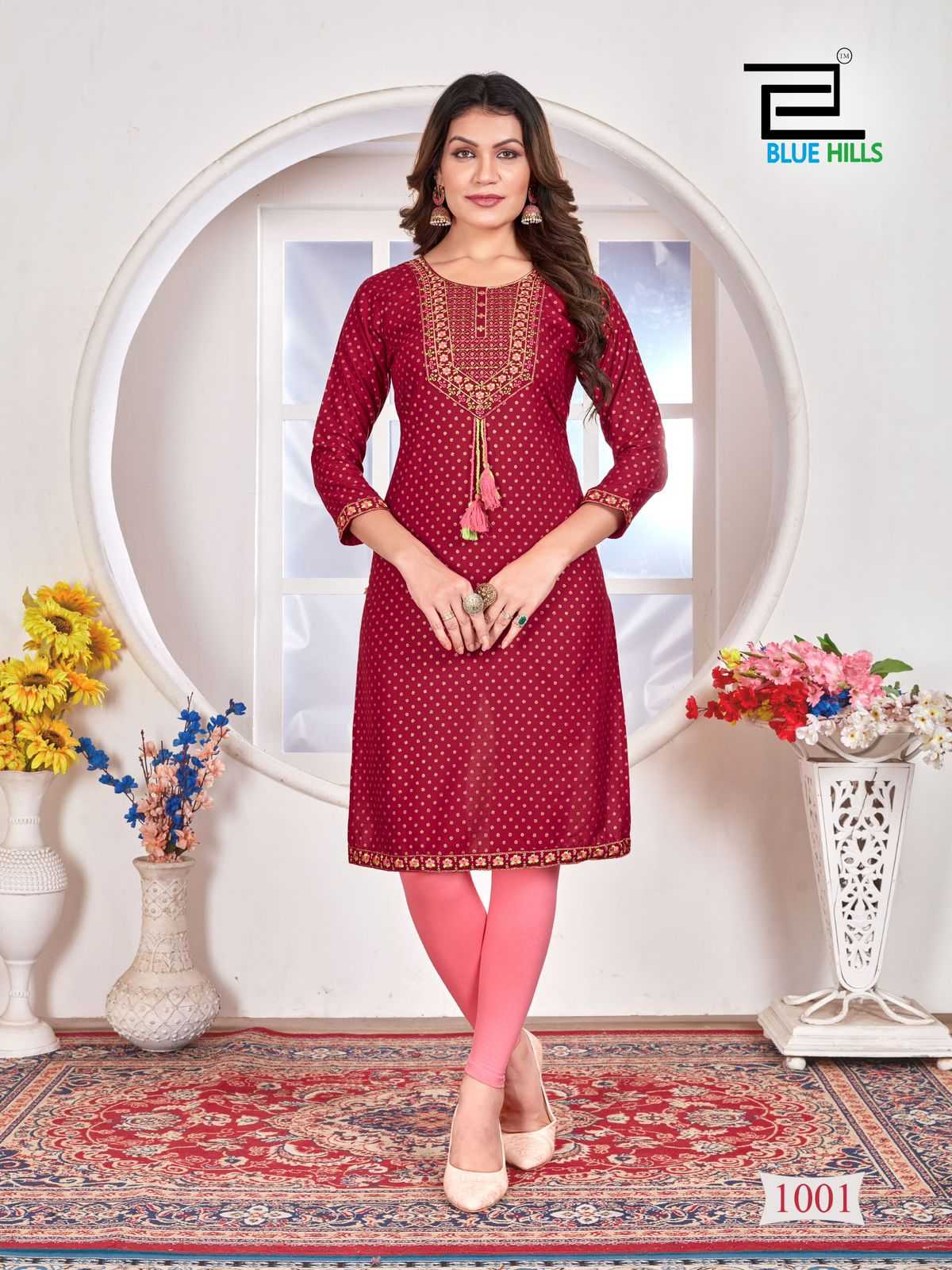 priya by blue hills stylish straight cut rayon zari & sequence work readymade big size kurti 
