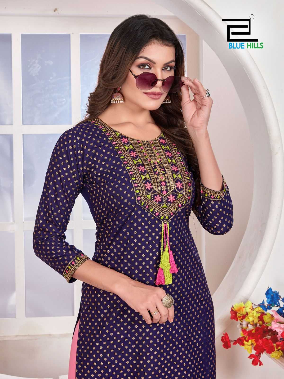 priya by blue hills stylish straight cut rayon zari & sequence work readymade big size kurti 
