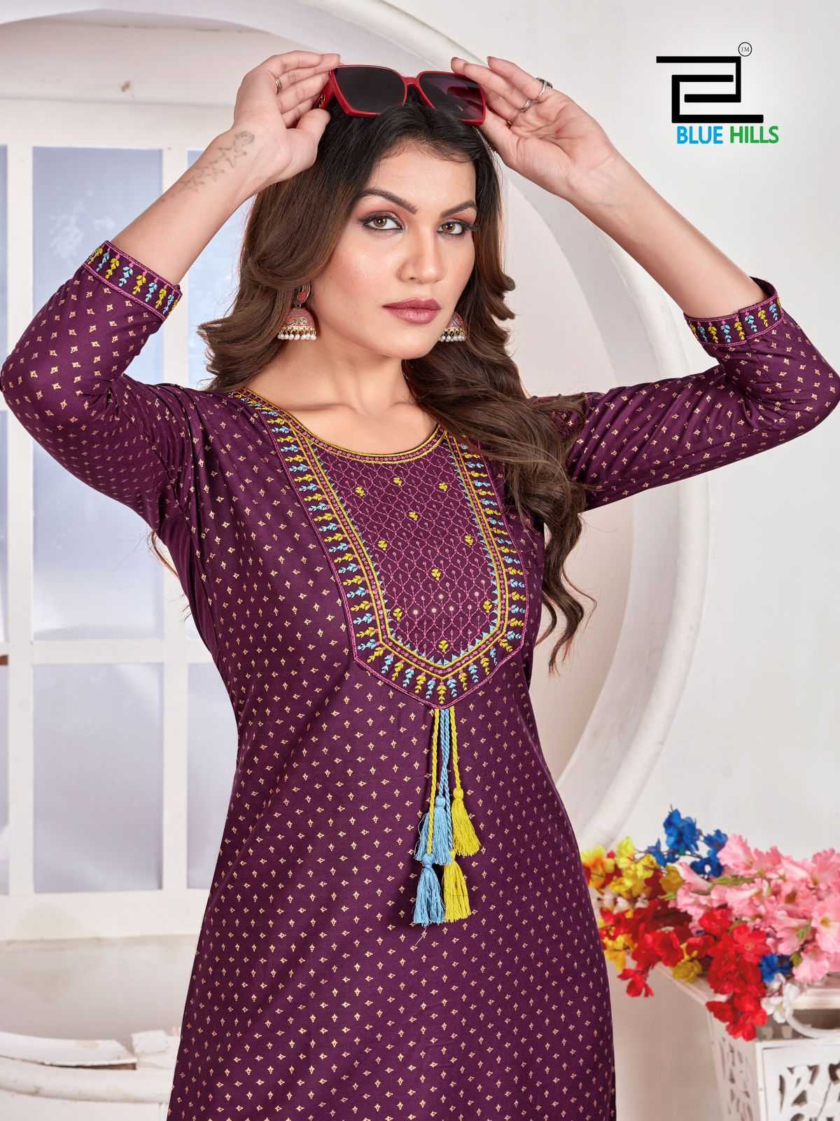 priya by blue hills stylish straight cut rayon zari & sequence work readymade big size kurti 