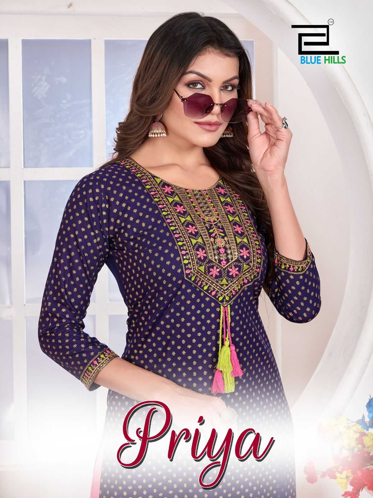 priya by blue hills stylish straight cut rayon zari & sequence work readymade big size kurti 