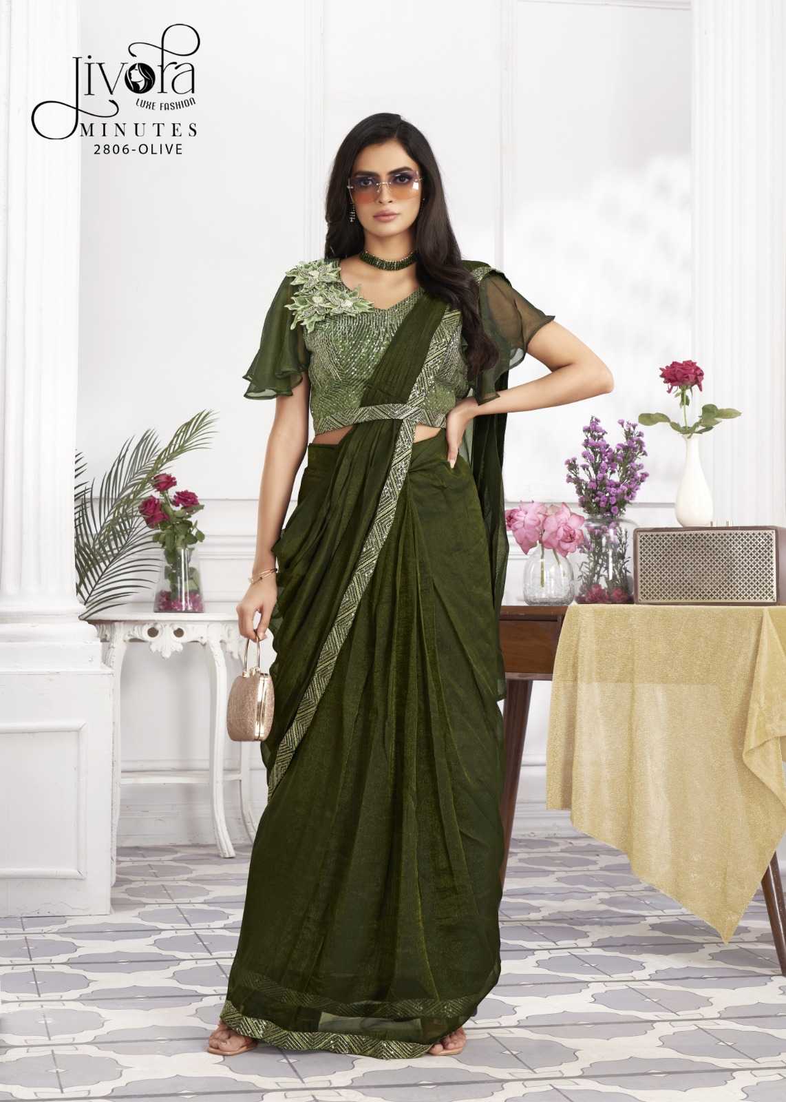 minutes by jivora exclusive design embroidery work traditional wear classy look drape saree
