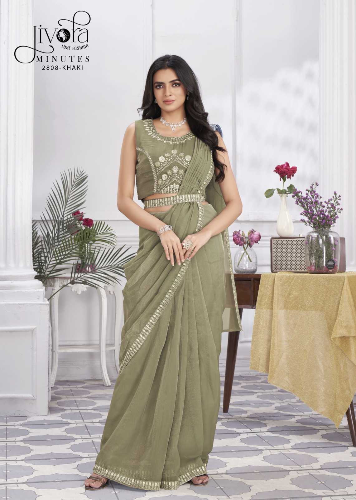 minutes by jivora exclusive design embroidery work traditional wear classy look drape saree