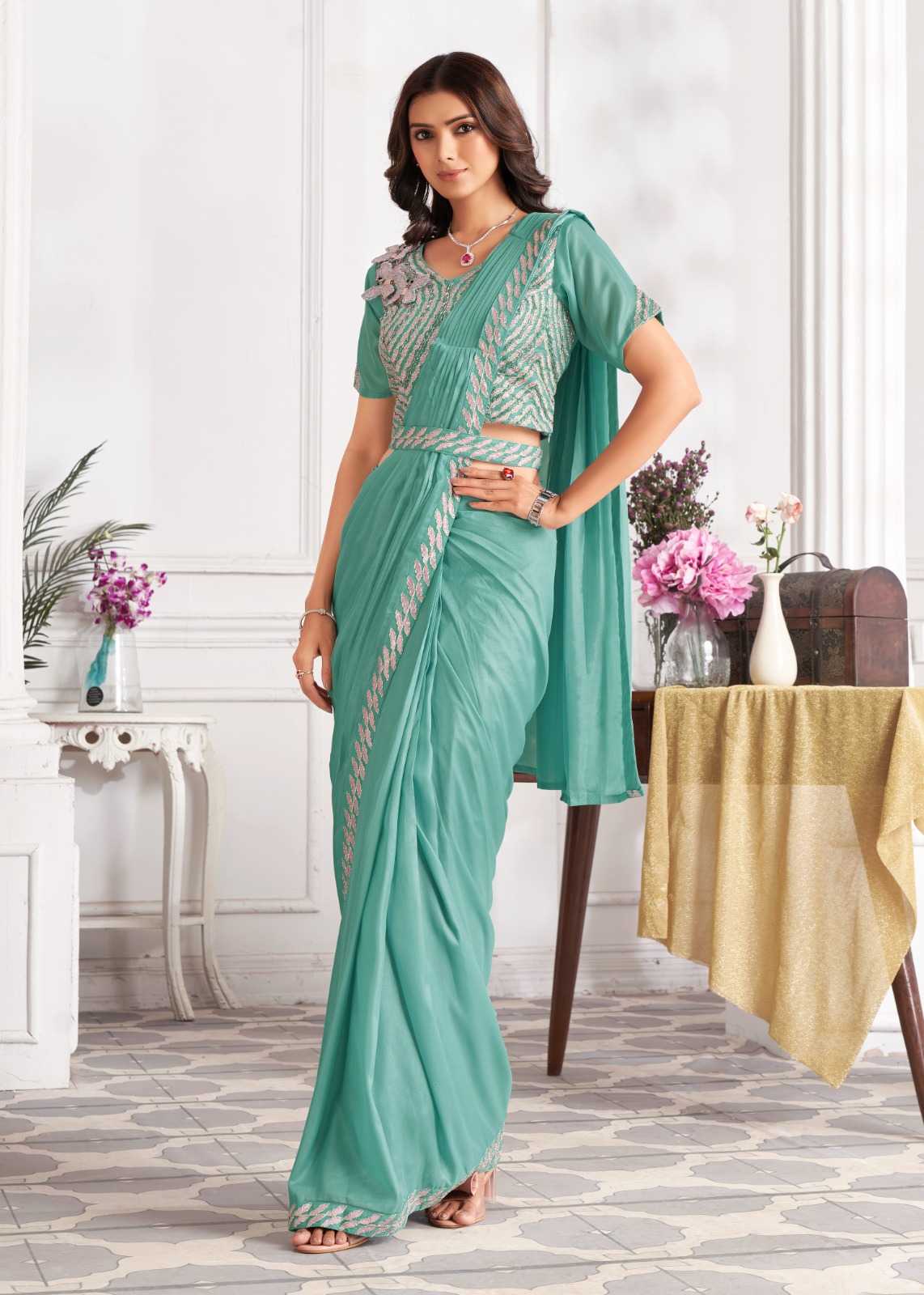 minutes by jivora exclusive design embroidery work traditional wear classy look drape saree
