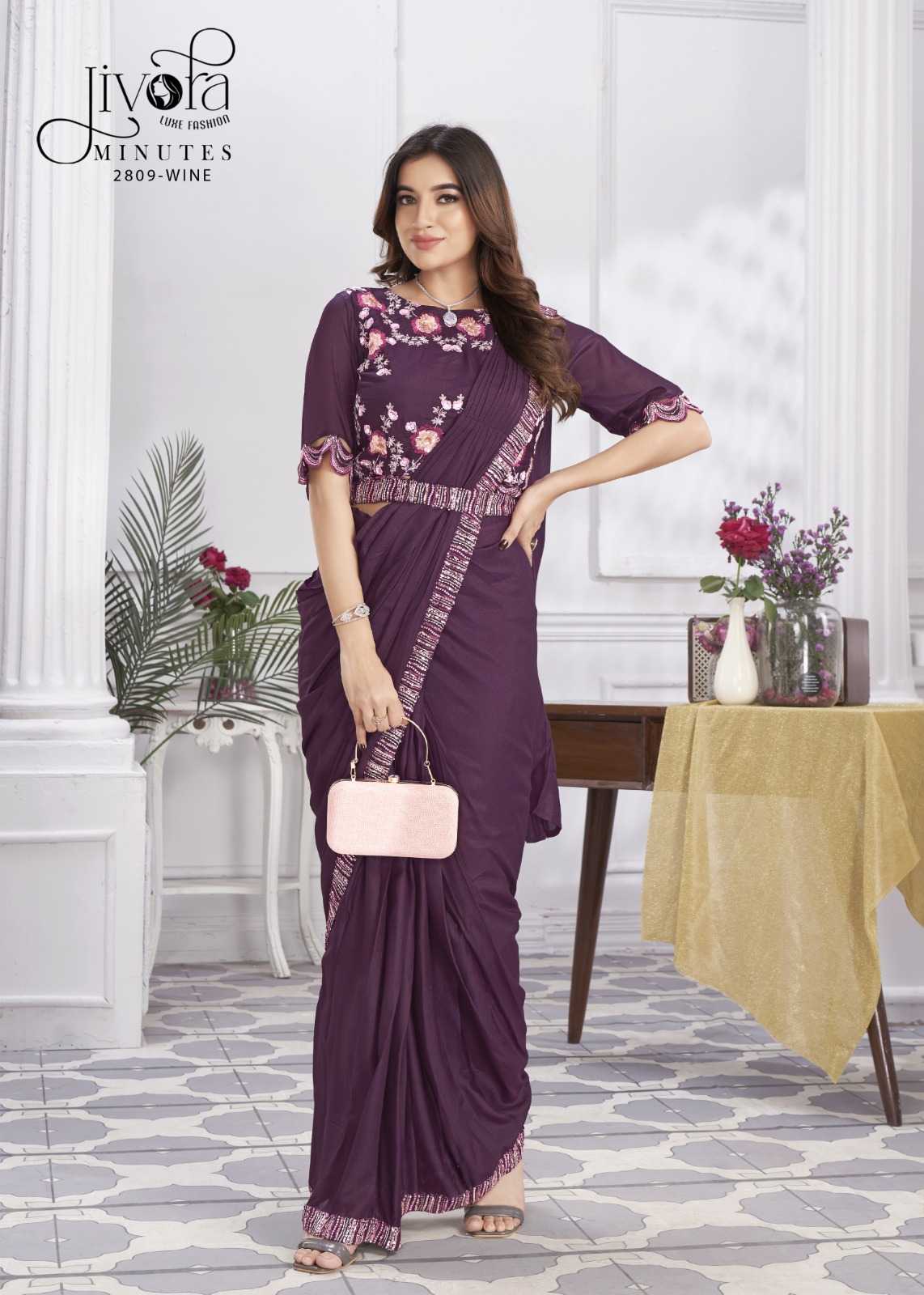 minutes by jivora exclusive design embroidery work traditional wear classy look drape saree