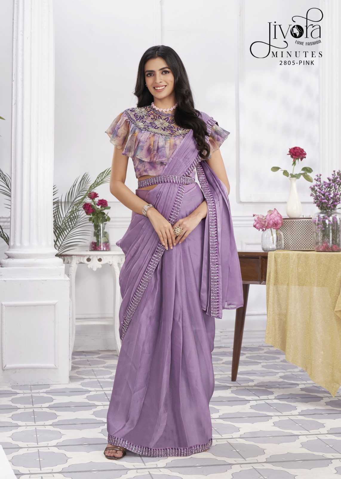 minutes by jivora exclusive design embroidery work traditional wear classy look drape saree