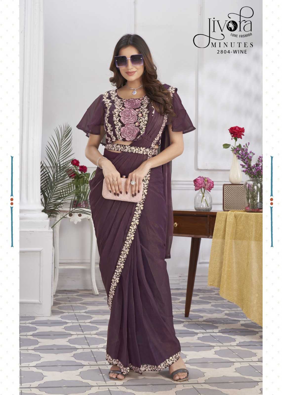 minutes by jivora exclusive design embroidery work traditional wear classy look drape saree