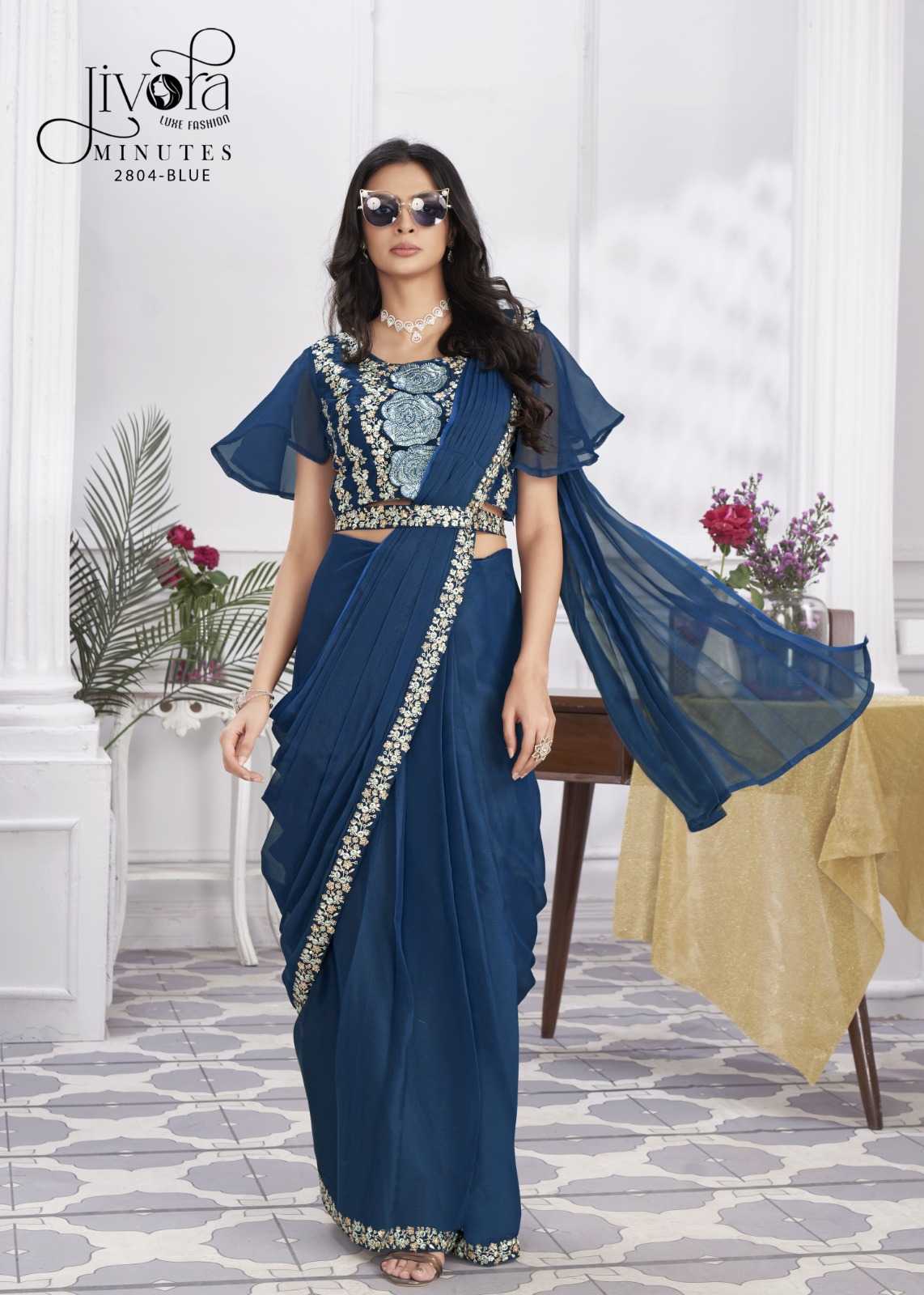 minutes by jivora exclusive design embroidery work traditional wear classy look drape saree
