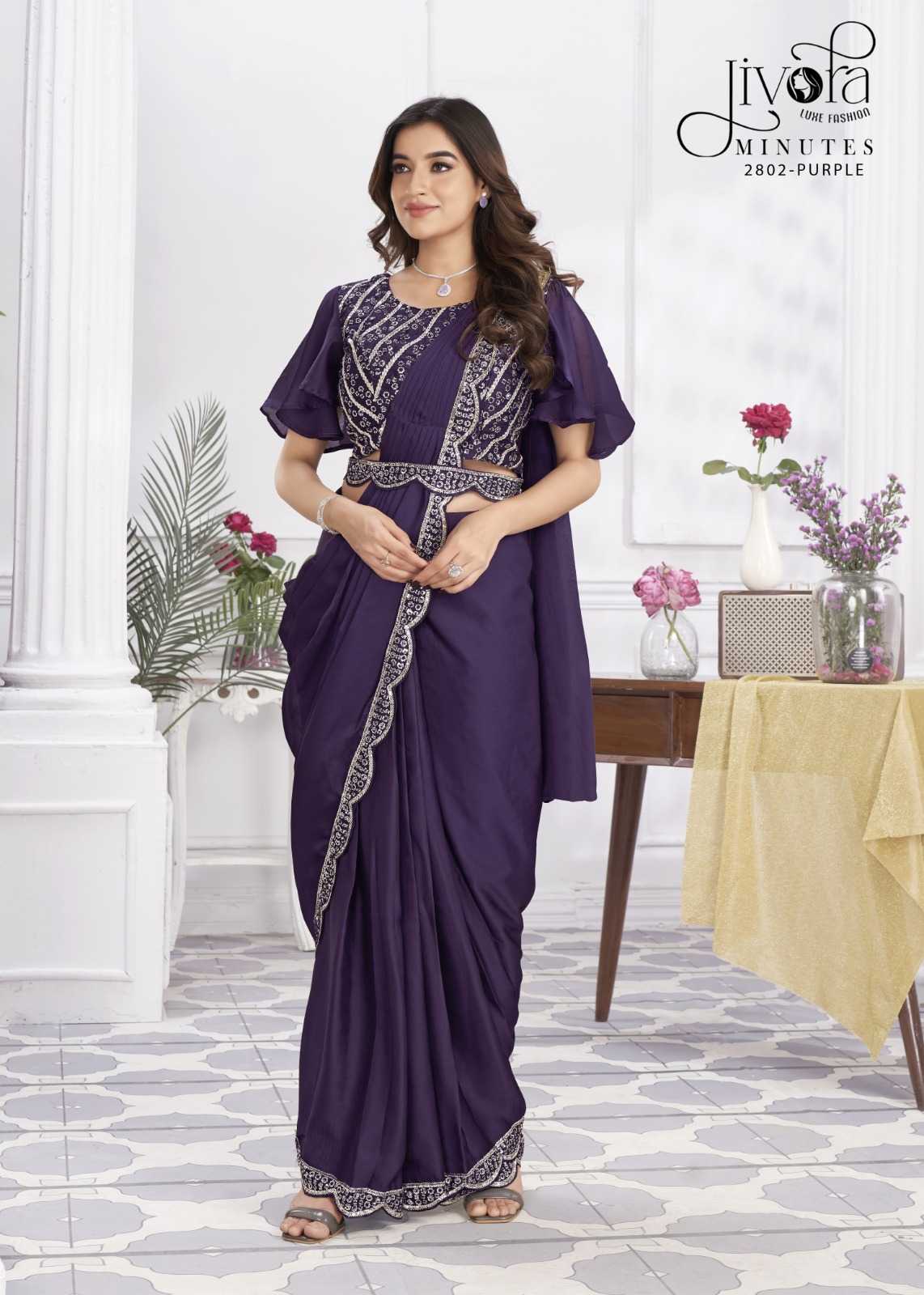 minutes by jivora exclusive design embroidery work traditional wear classy look drape saree
