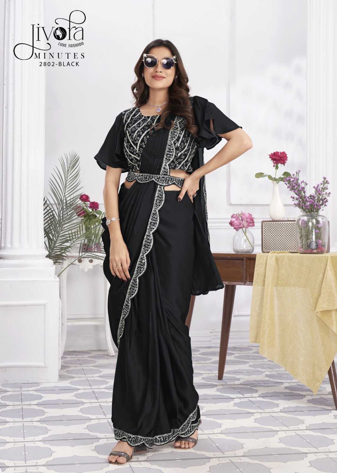 minutes by jivora exclusive design embroidery work traditional wear classy look drape saree