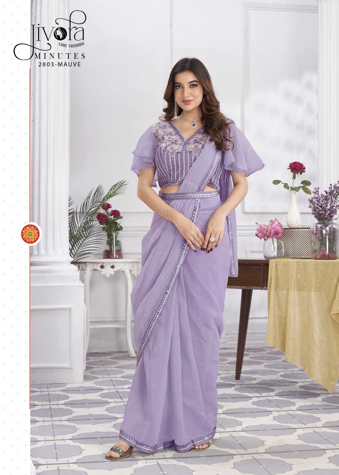 minutes by jivora exclusive design embroidery work traditional wear classy look drape saree