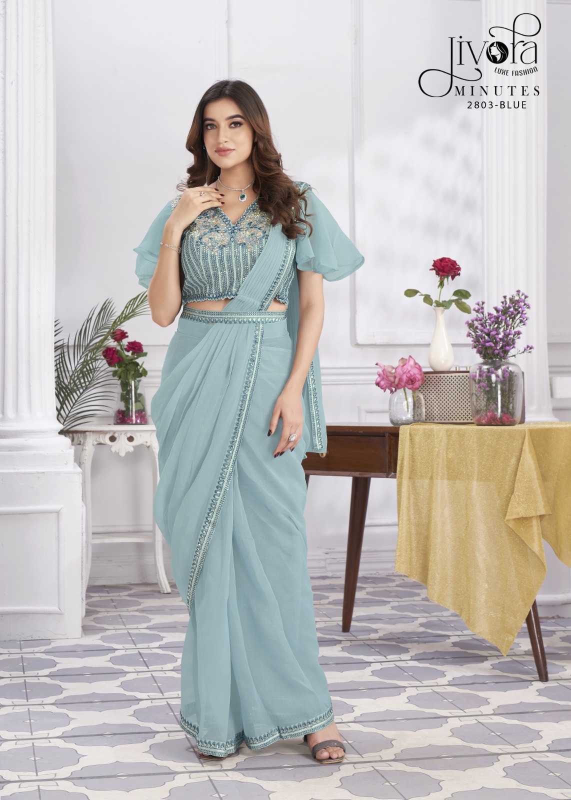 minutes by jivora exclusive design embroidery work traditional wear classy look drape saree