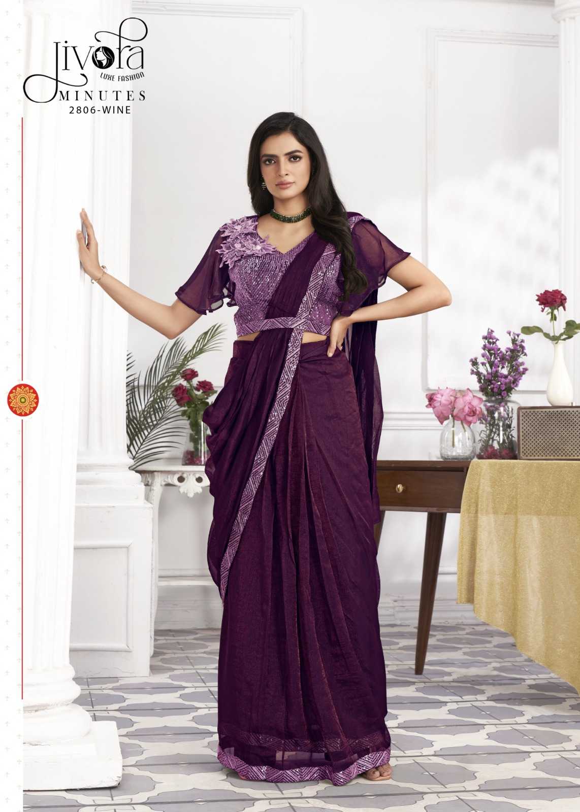 minutes by jivora exclusive design embroidery work traditional wear classy look drape saree