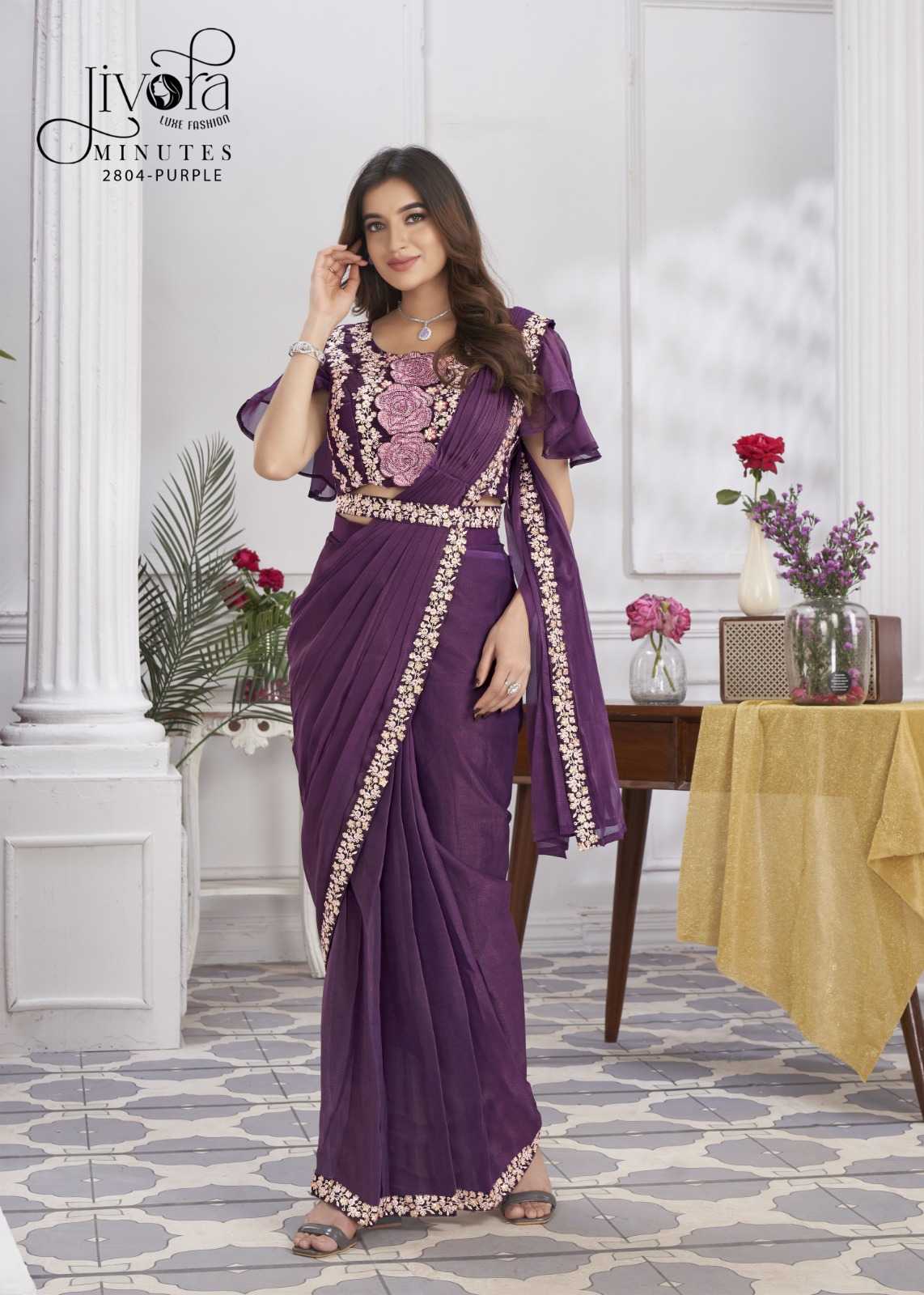 minutes by jivora exclusive design embroidery work traditional wear classy look drape saree