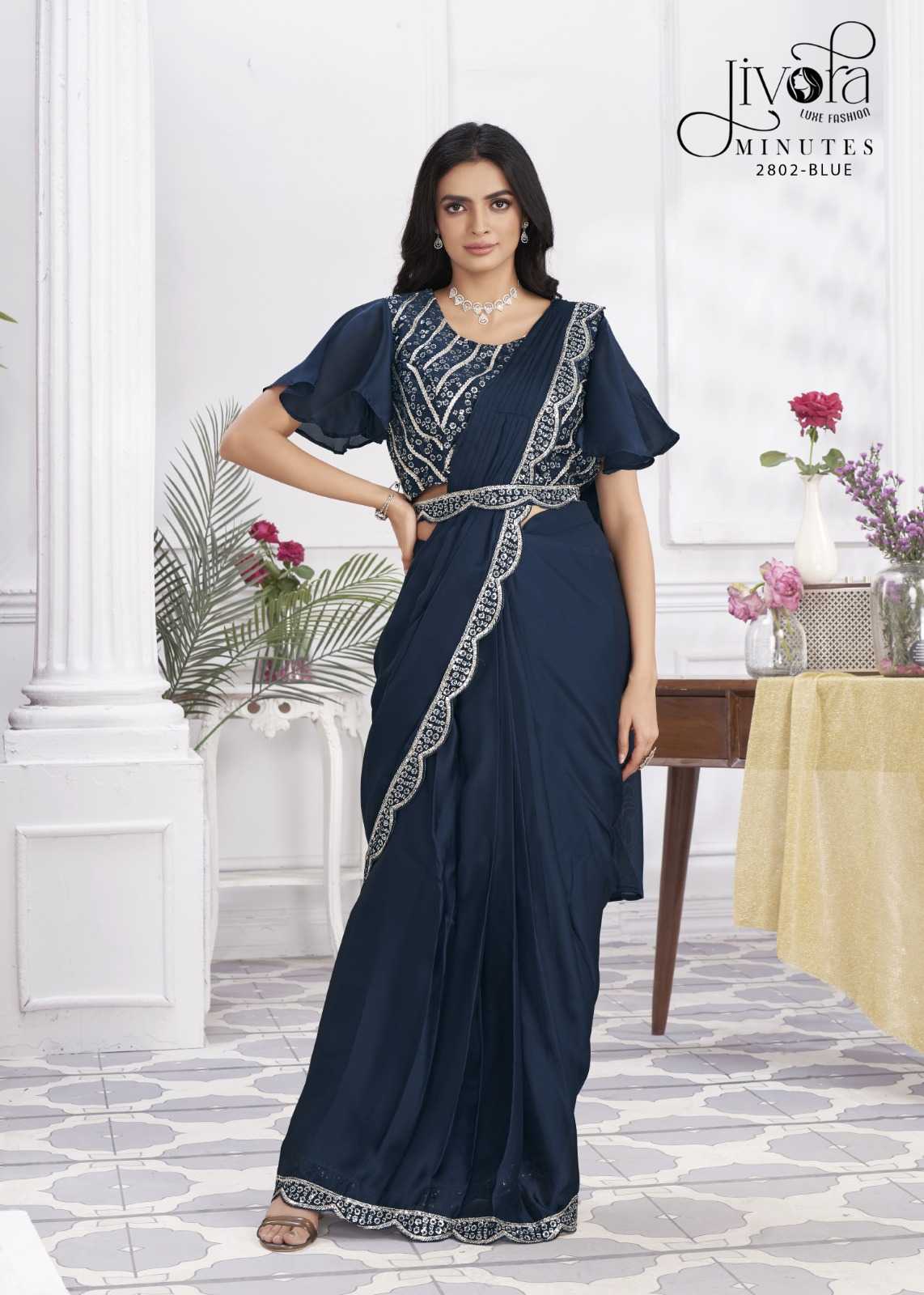 minutes by jivora exclusive design embroidery work traditional wear classy look drape saree