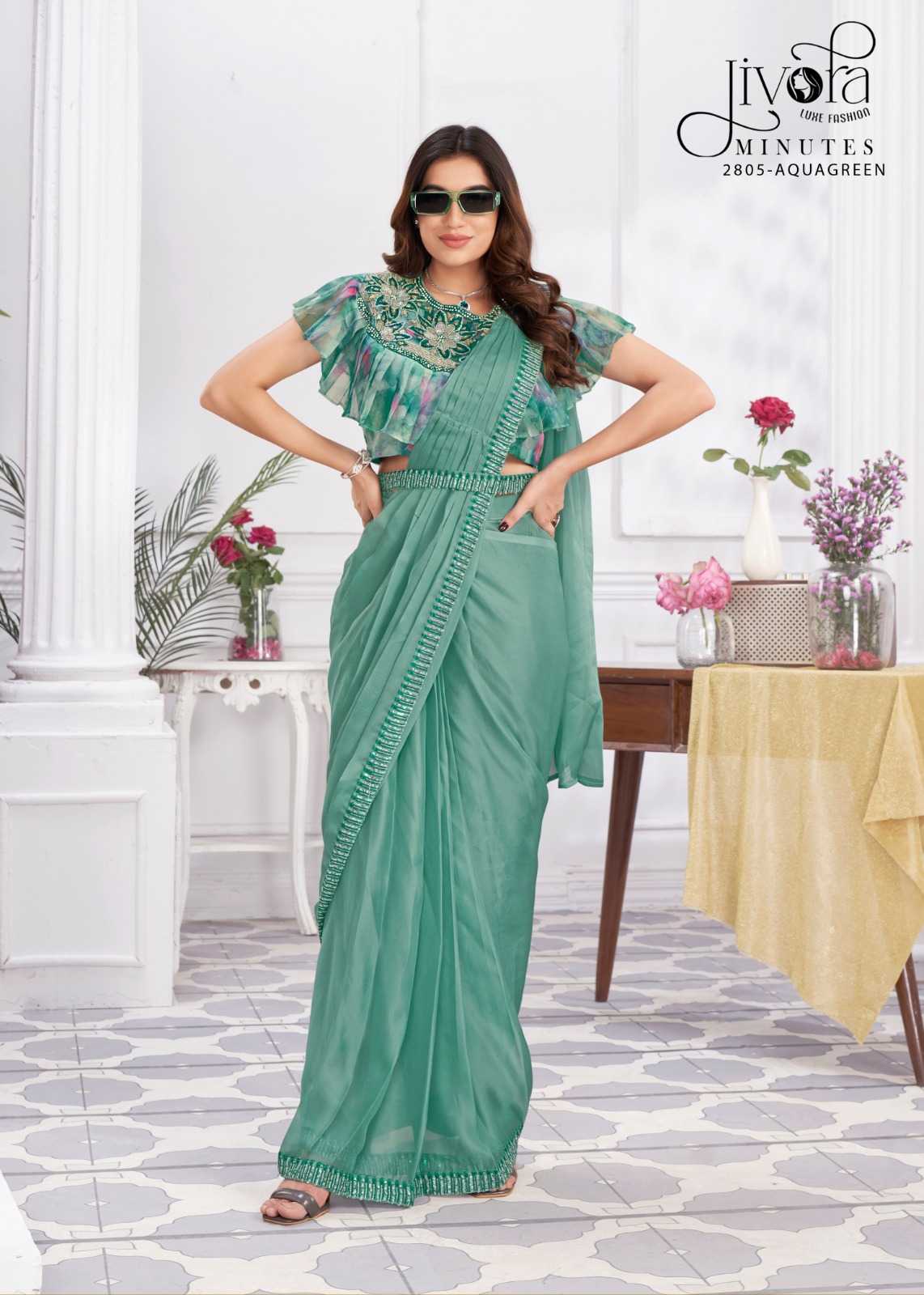 minutes by jivora exclusive design embroidery work traditional wear classy look drape saree