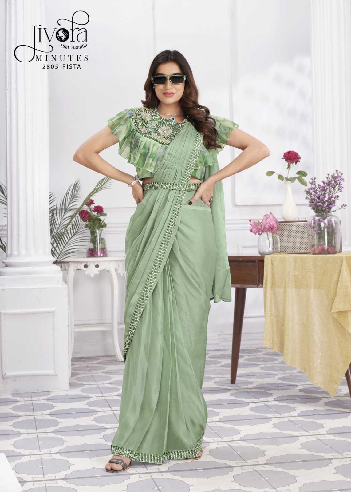 minutes by jivora exclusive design embroidery work traditional wear classy look drape saree