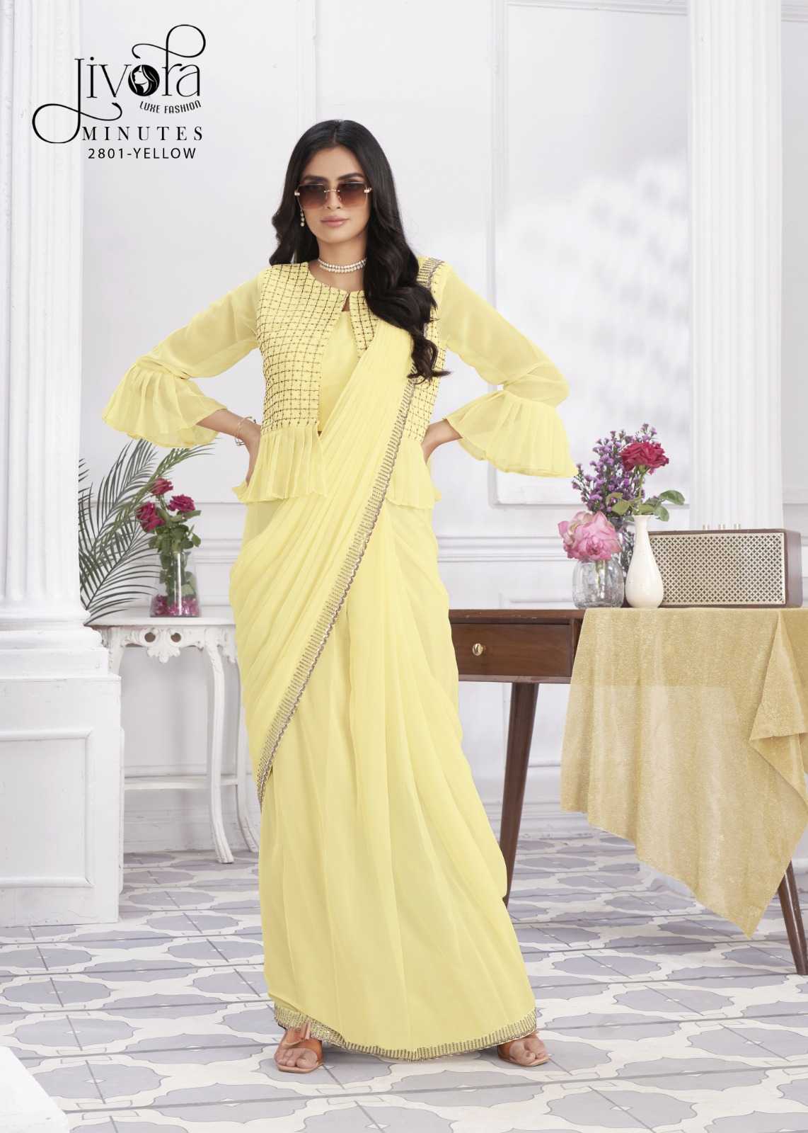 minutes by jivora exclusive design embroidery work traditional wear classy look drape saree