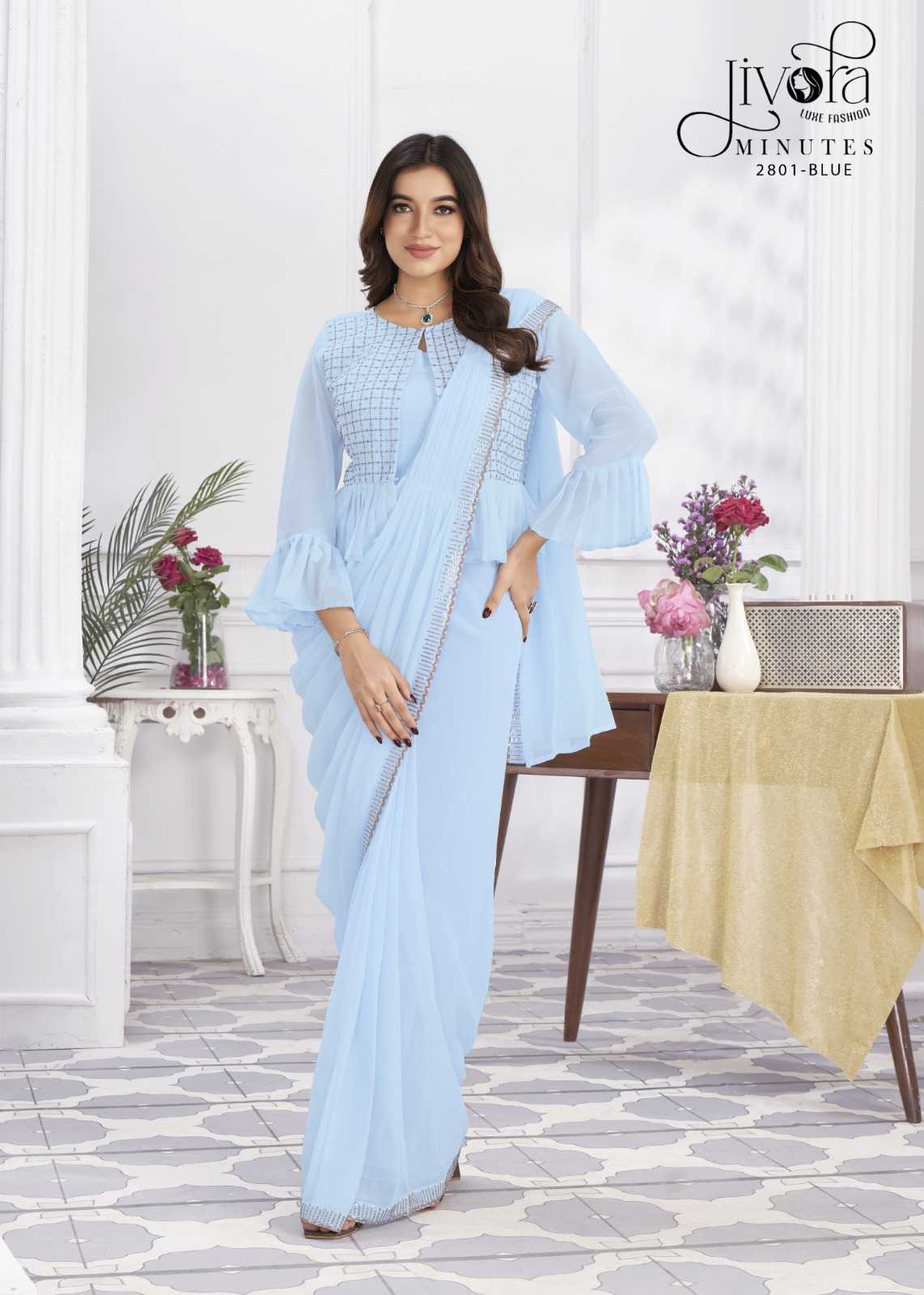 minutes by jivora exclusive design embroidery work traditional wear classy look drape saree