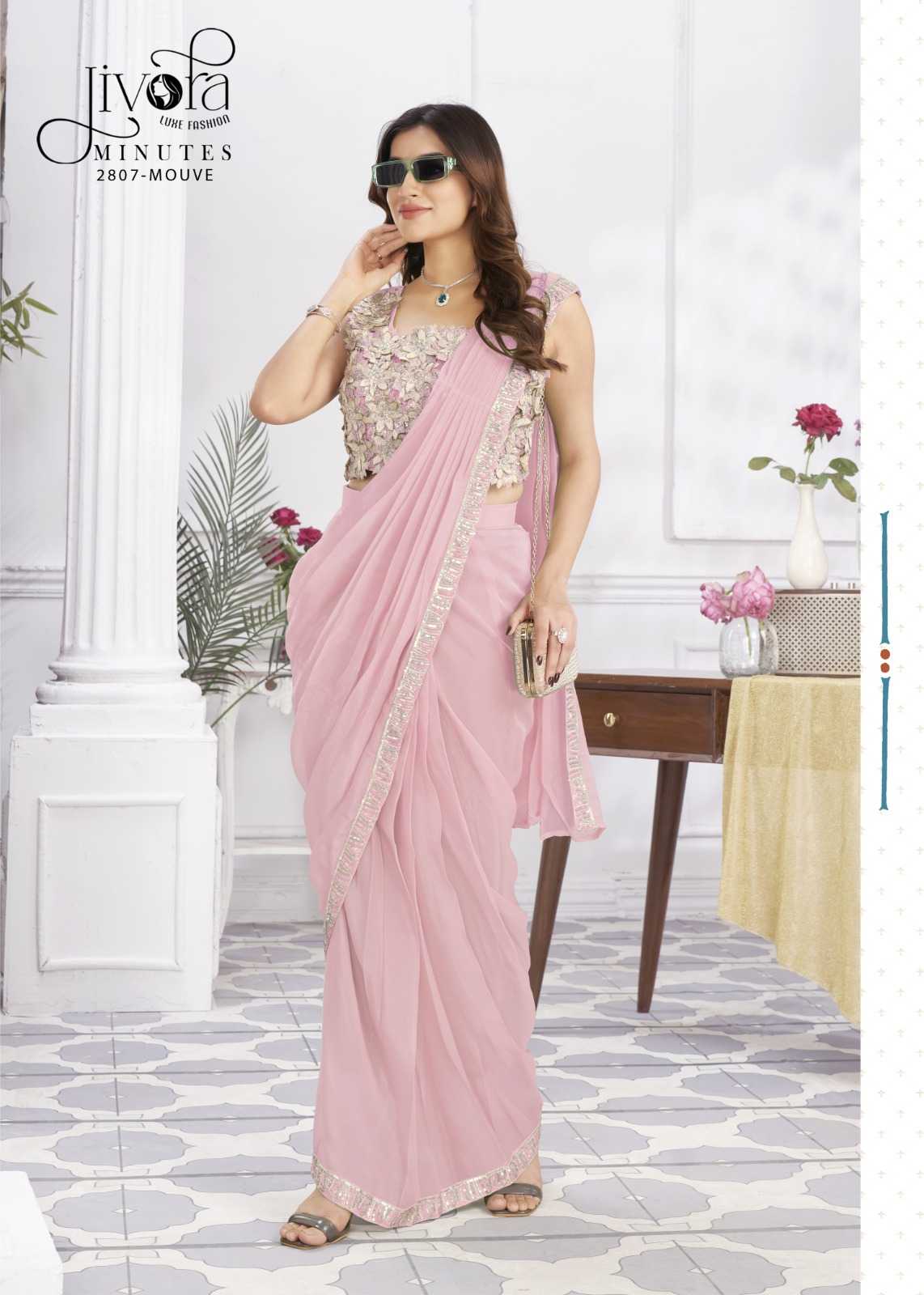 minutes by jivora exclusive design embroidery work traditional wear classy look drape saree