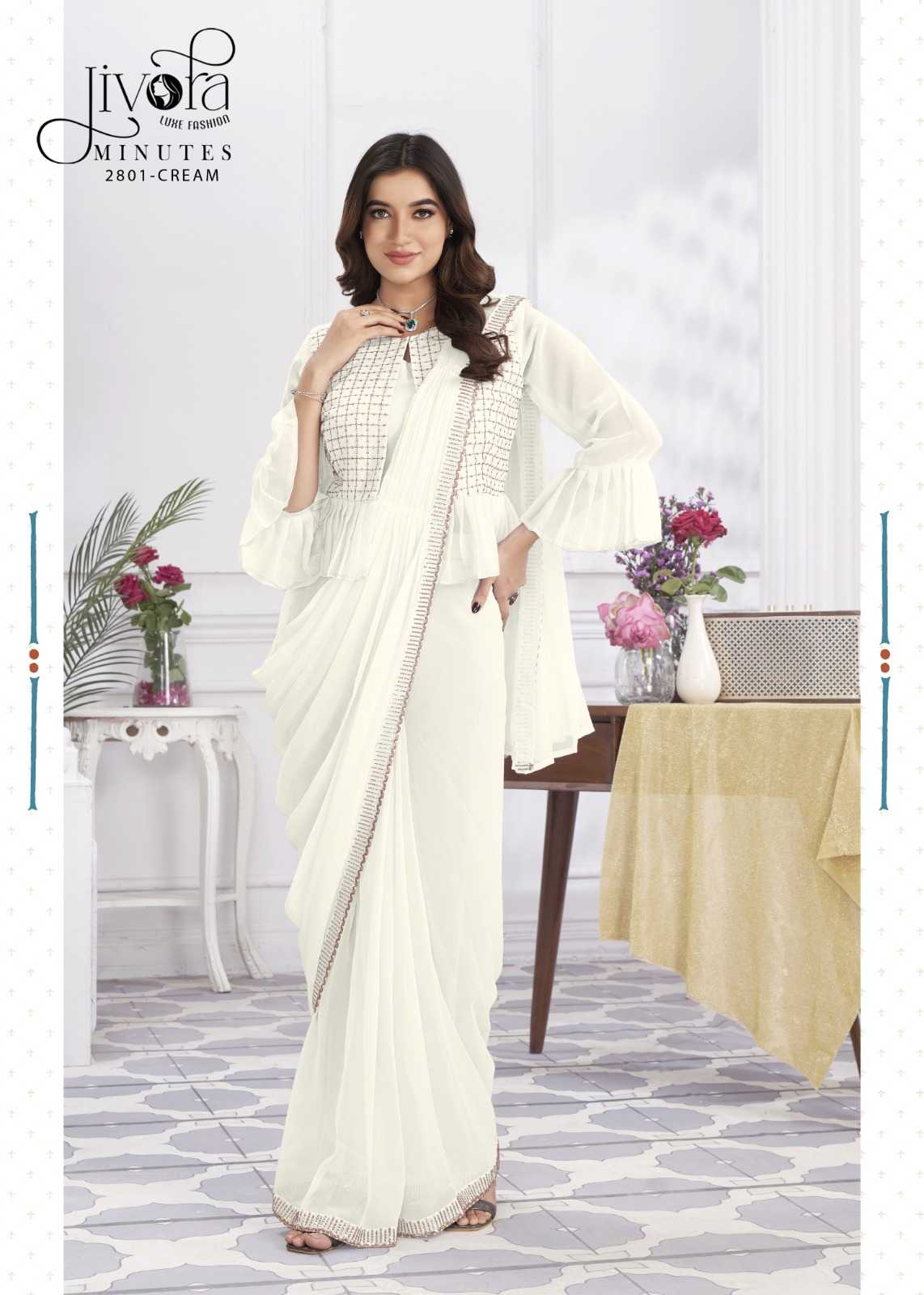 minutes by jivora exclusive design embroidery work traditional wear classy look drape saree
