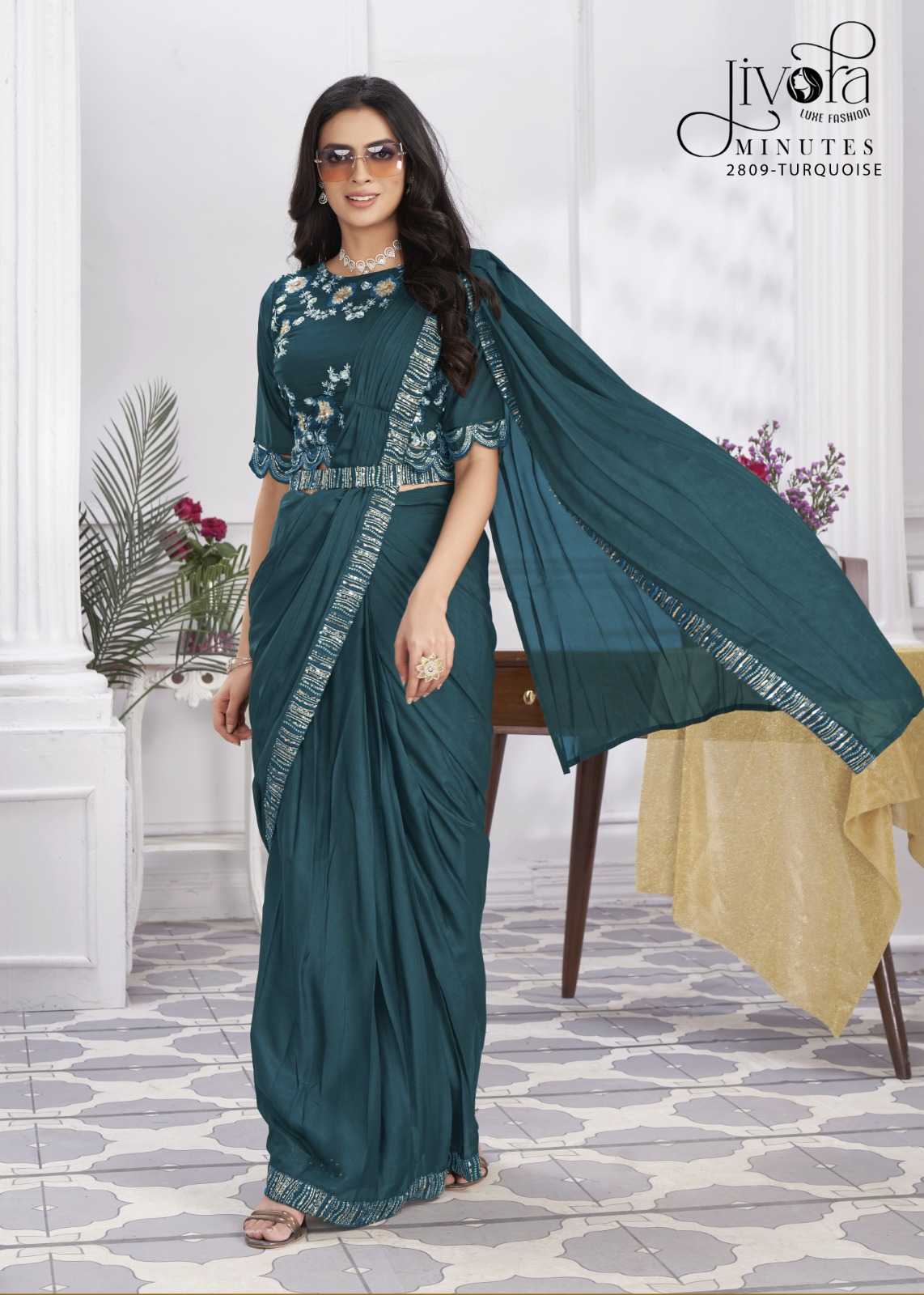 minutes by jivora exclusive design embroidery work traditional wear classy look drape saree