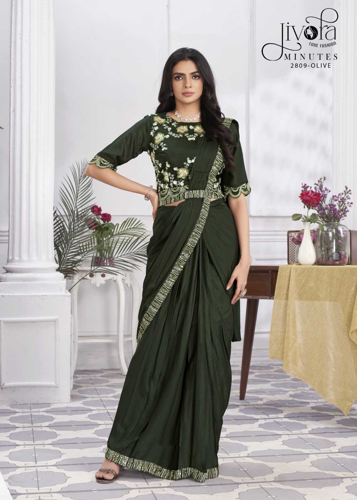 minutes by jivora exclusive design embroidery work traditional wear classy look drape saree