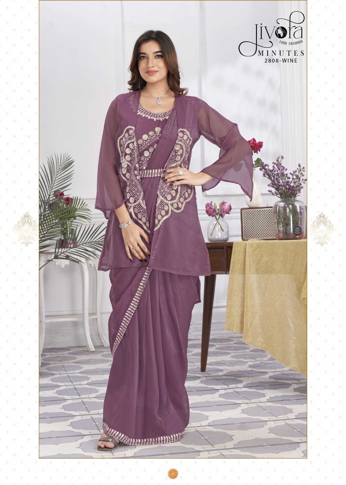 minutes by jivora exclusive design embroidery work traditional wear classy look drape saree