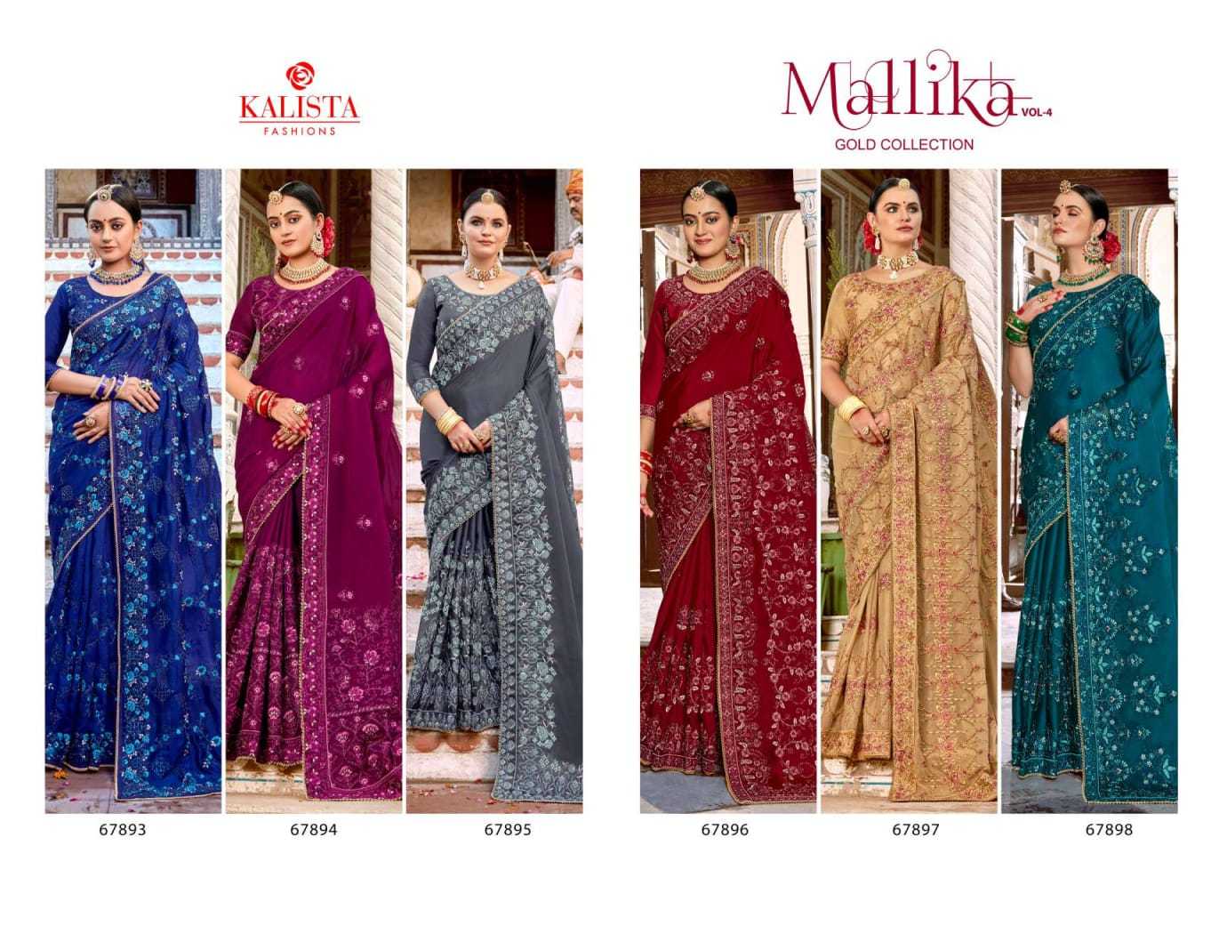 mallika gold vol 4 by kalista 67893-67898 series party wear chiffon hit design saree exports