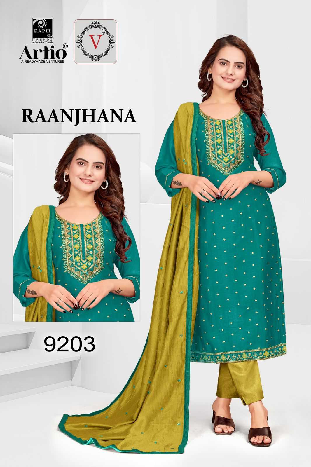kapil trendz raanjana fancy vichitra silk neck work combo set big size full stitch 3pcs dress collection