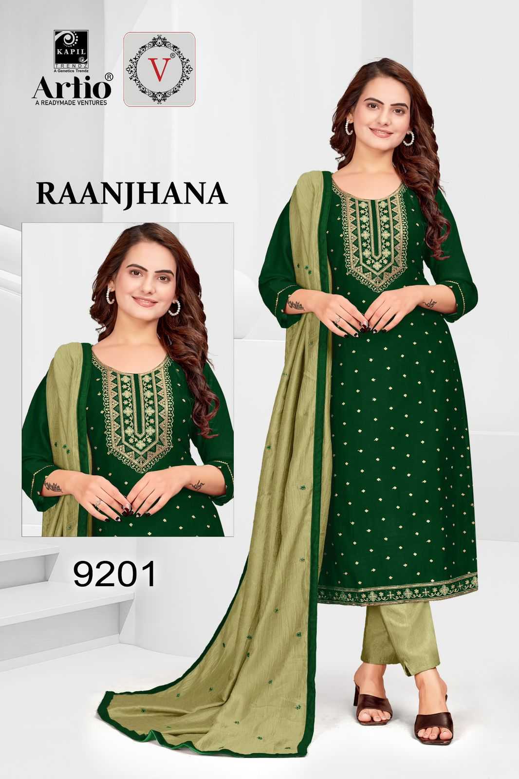 kapil trendz raanjana fancy vichitra silk neck work combo set big size full stitch 3pcs dress collection