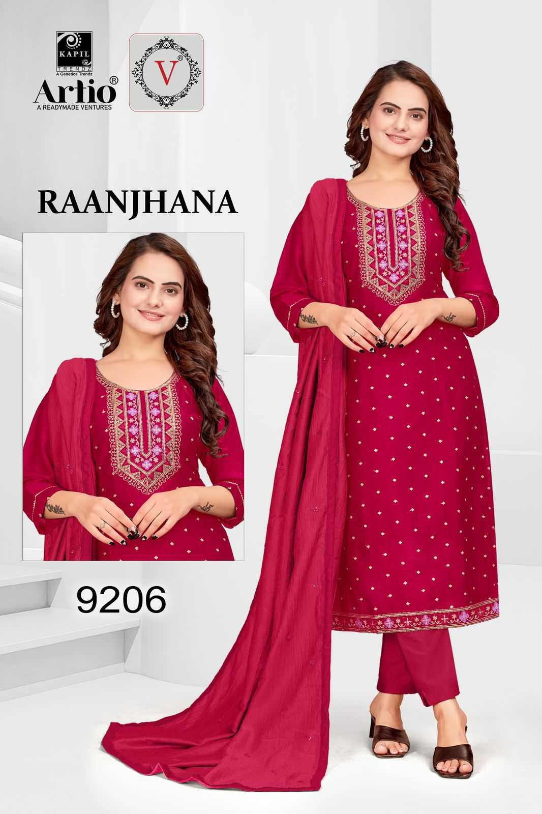 kapil trendz raanjana fancy vichitra silk neck work combo set big size full stitch 3pcs dress collection