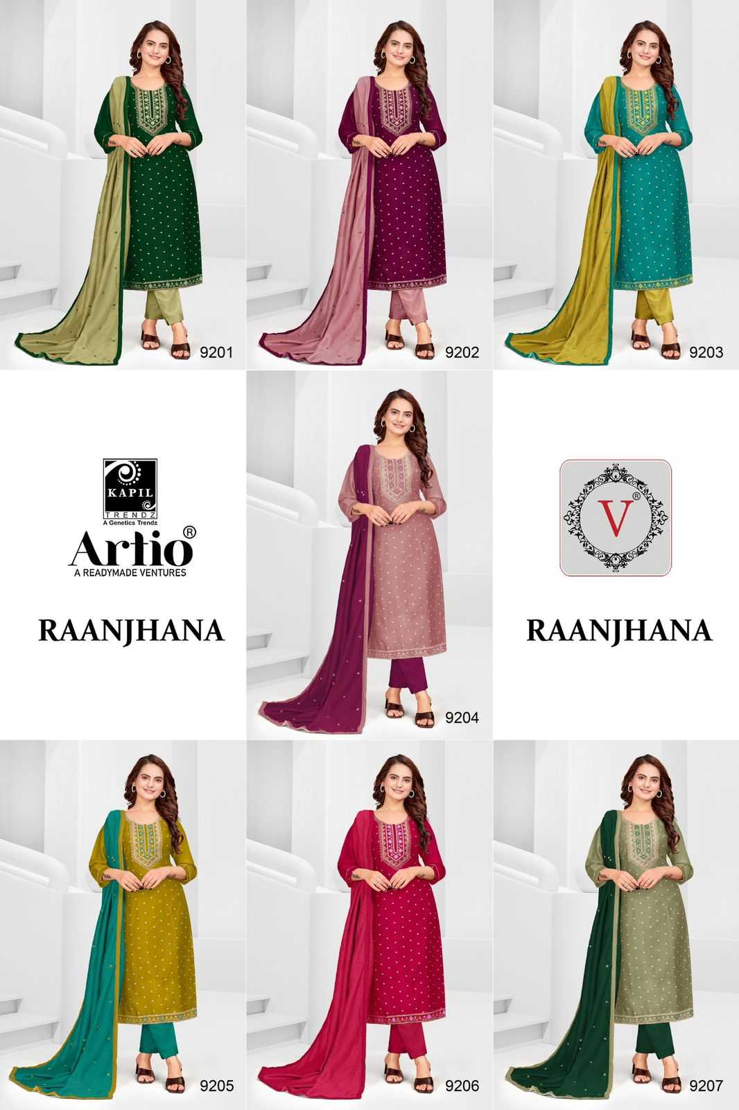 kapil trendz raanjana fancy vichitra silk neck work combo set big size full stitch 3pcs dress collection