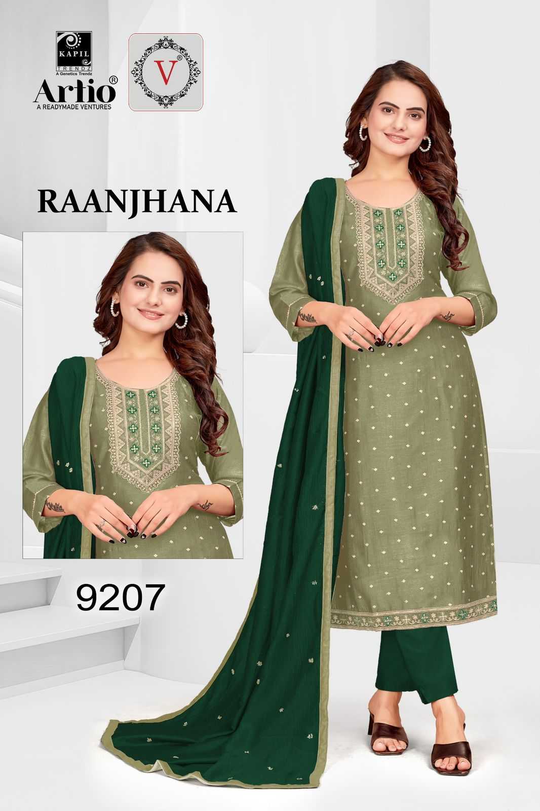 kapil trendz raanjana fancy vichitra silk neck work combo set big size full stitch 3pcs dress collection
