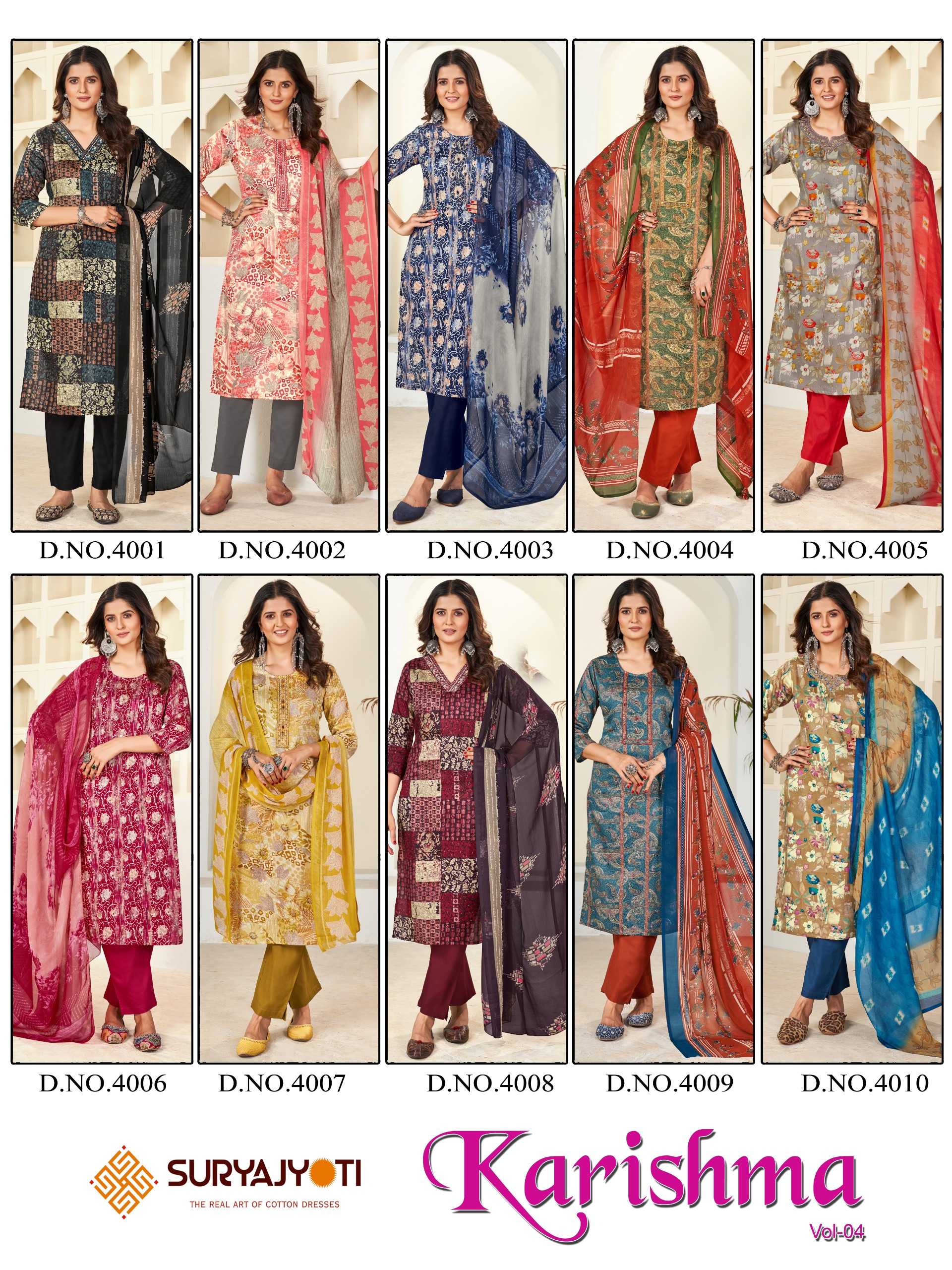 suryajyoti  karishma vol 4  cotton print neck work readymade big size kurtii pant dupatta collection 