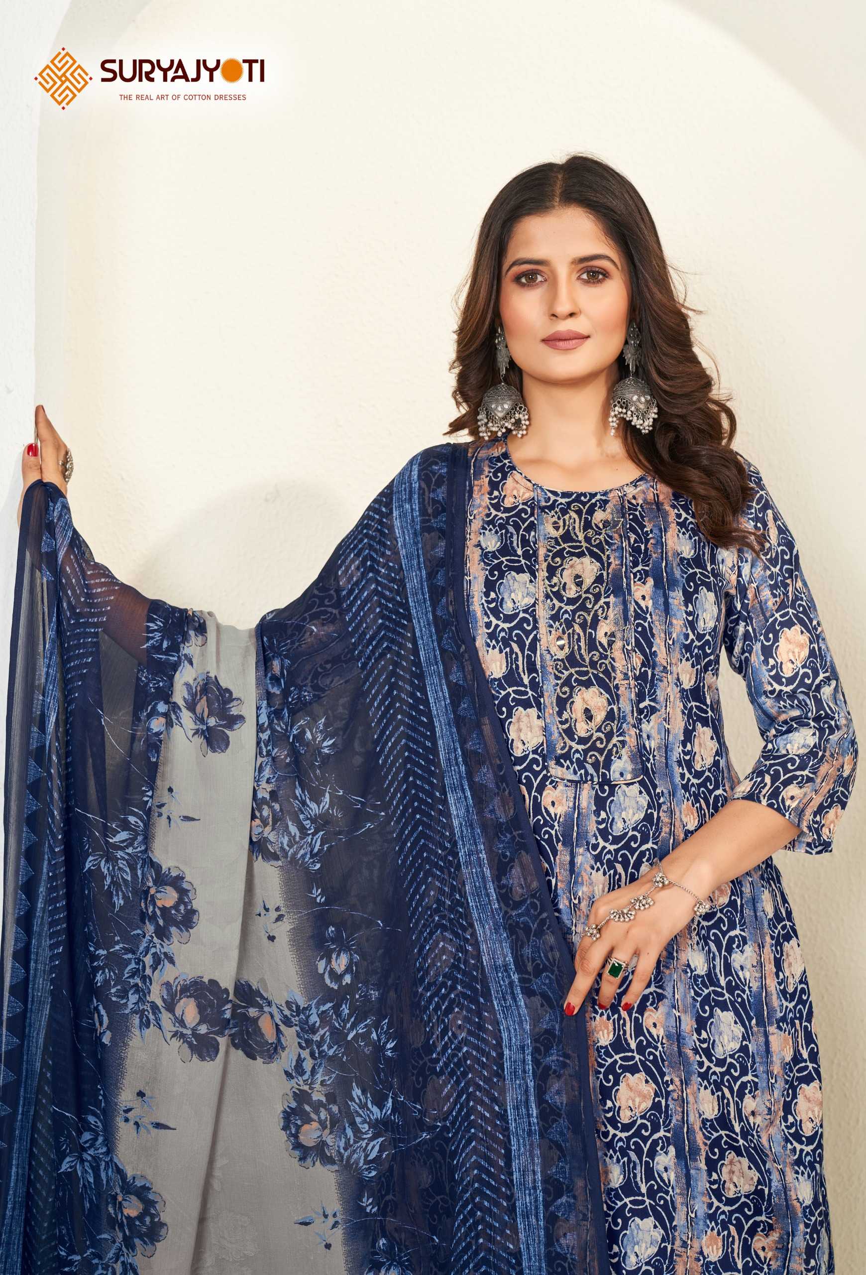 suryajyoti  karishma vol 4  cotton print neck work readymade big size kurtii pant dupatta collection 
