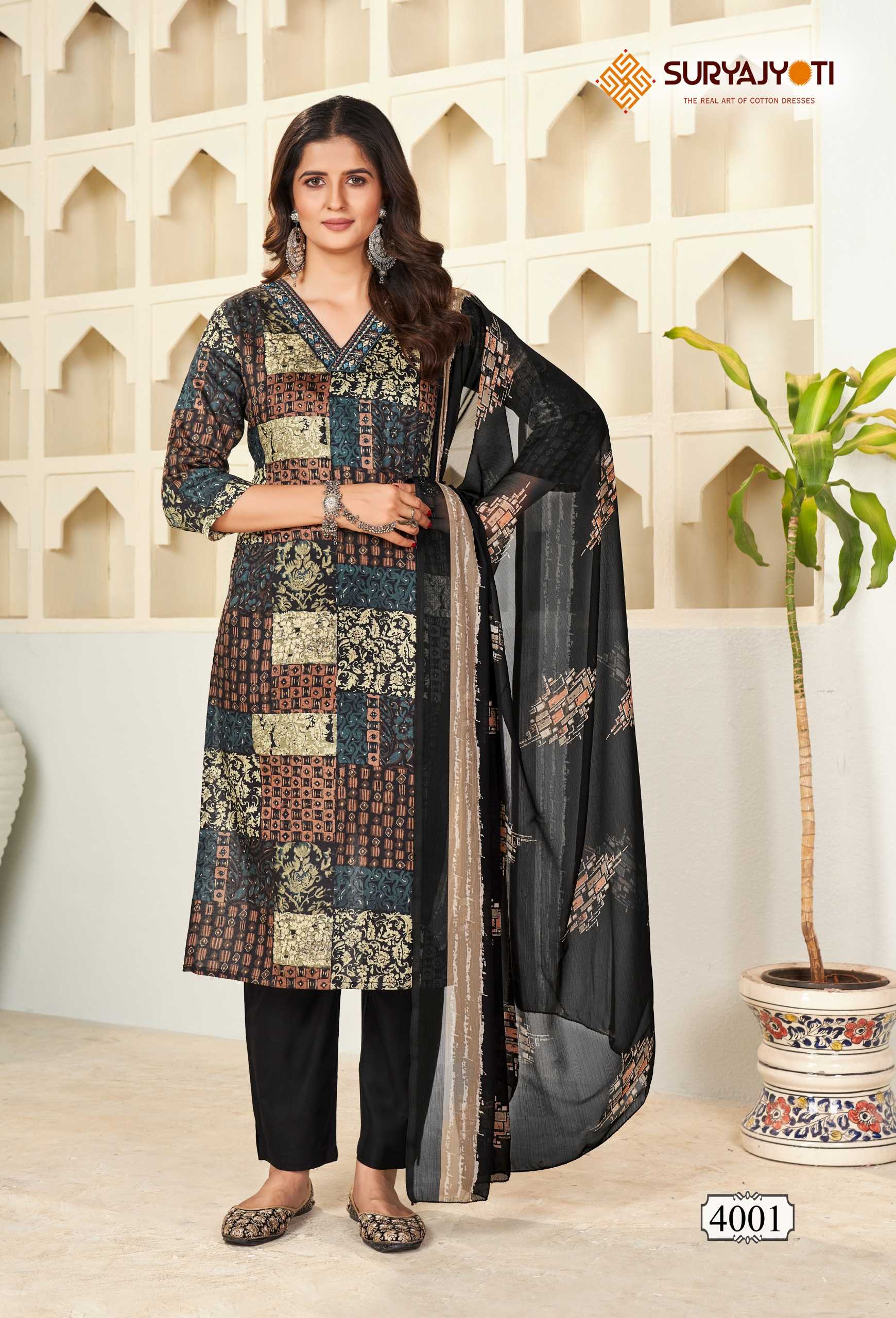 suryajyoti  karishma vol 4  cotton print neck work readymade big size kurtii pant dupatta collection 