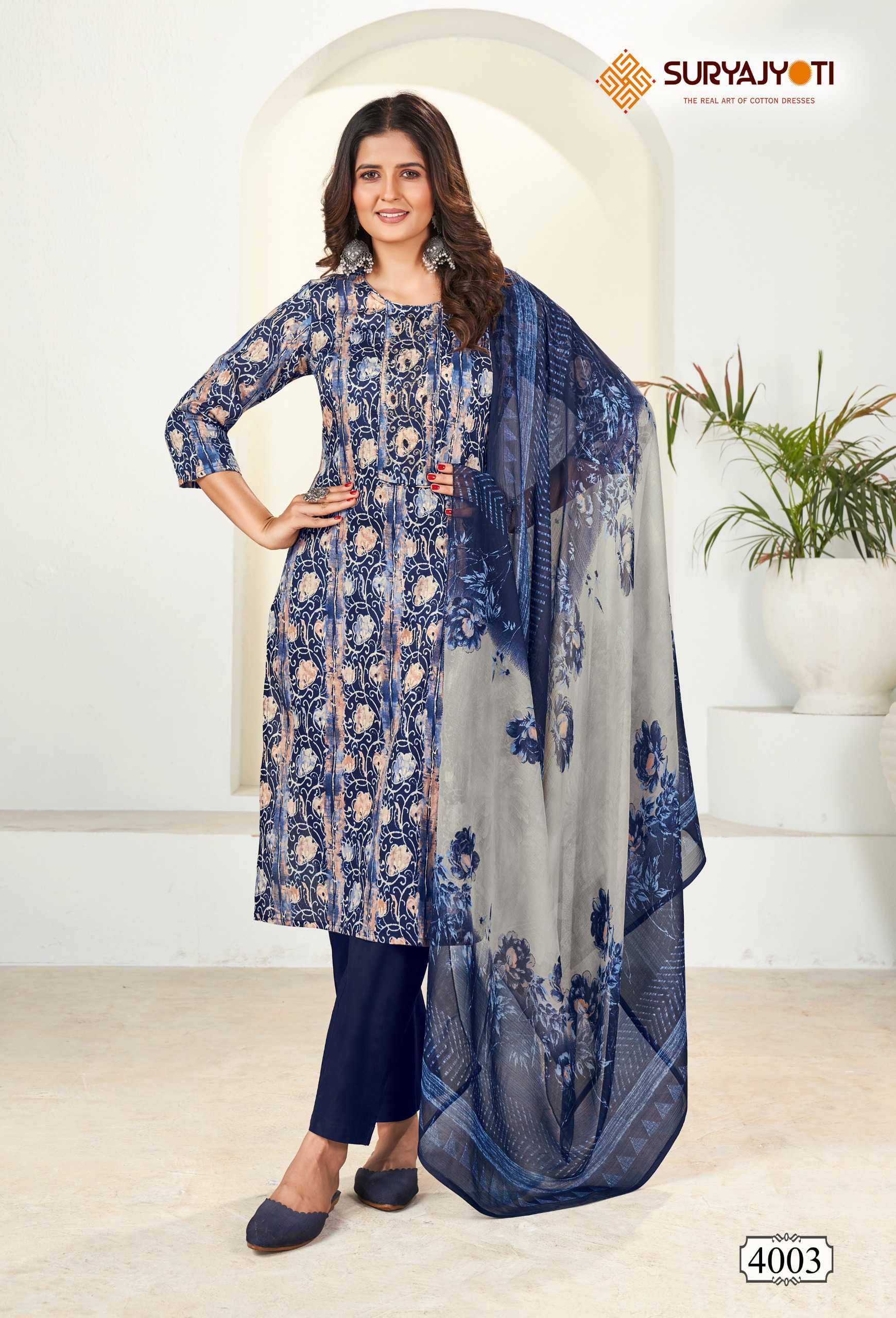 suryajyoti  karishma vol 4  cotton print neck work readymade big size kurtii pant dupatta collection 