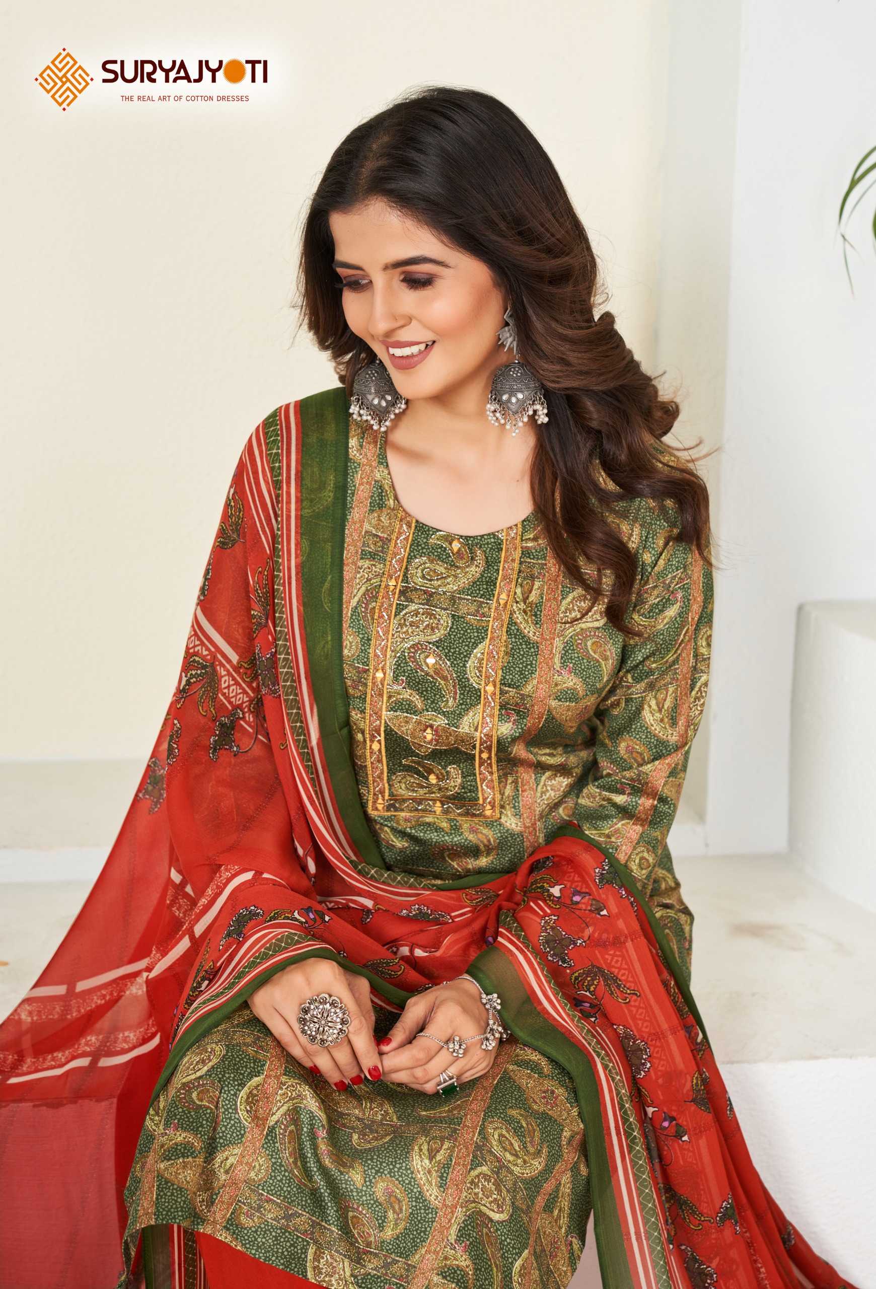 suryajyoti  karishma vol 4  cotton print neck work readymade big size kurtii pant dupatta collection 