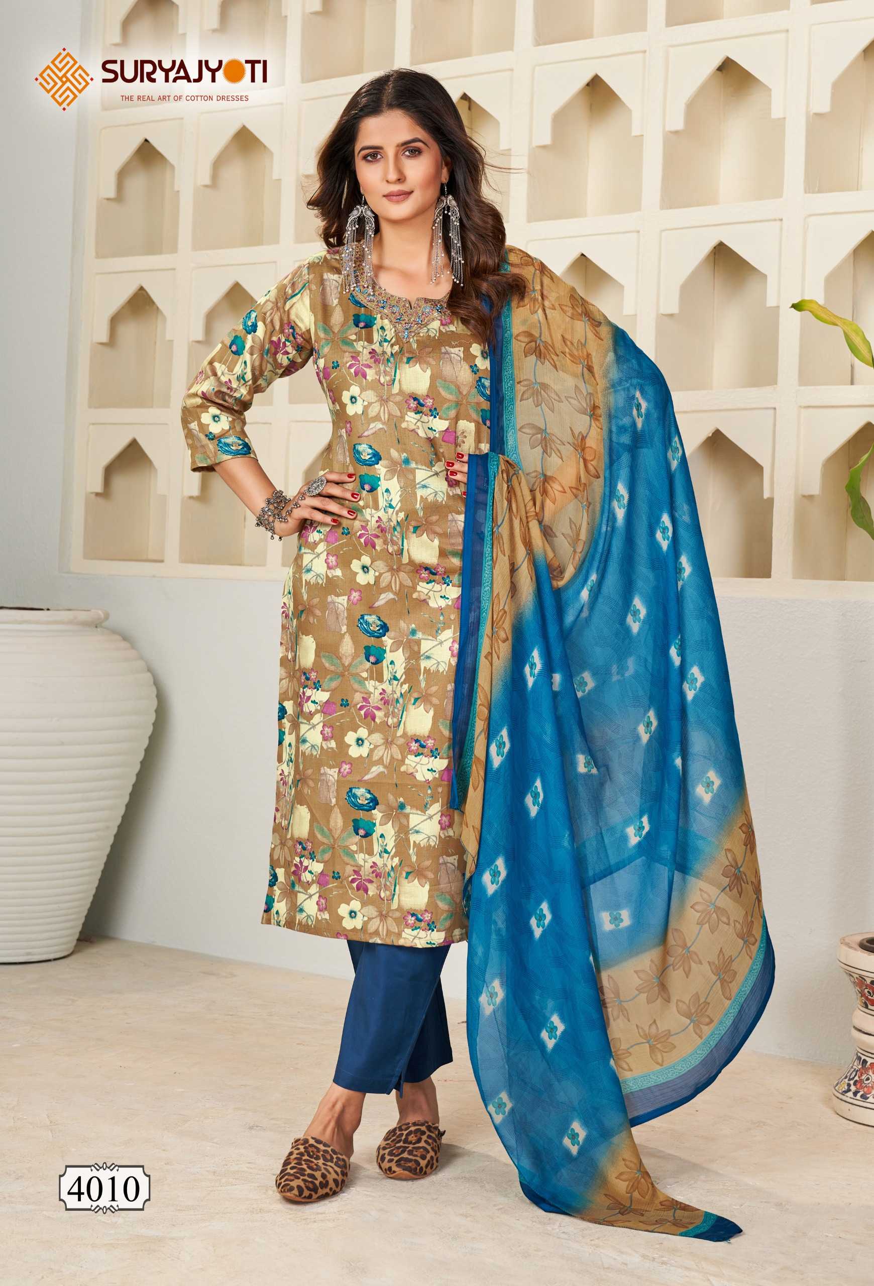 suryajyoti  karishma vol 4  cotton print neck work readymade big size kurtii pant dupatta collection 