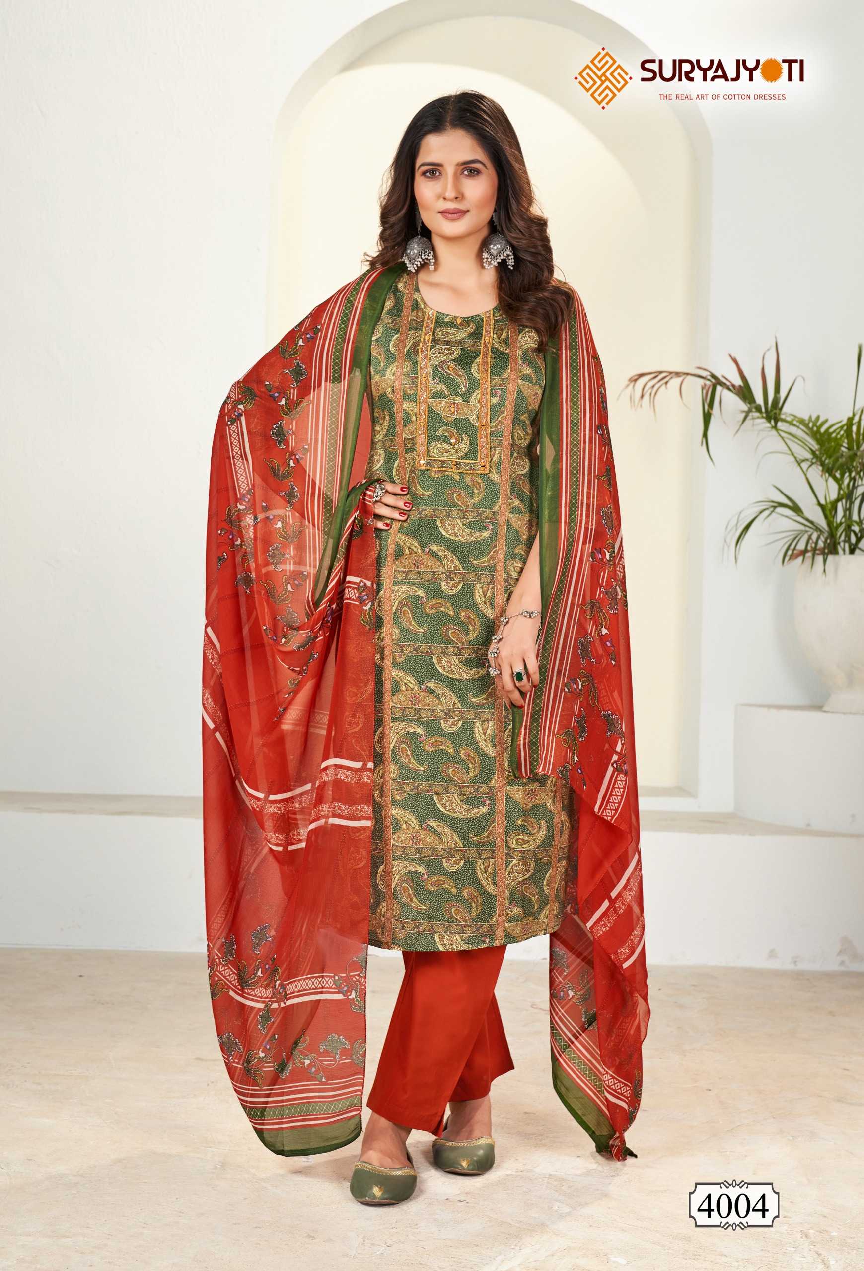 suryajyoti  karishma vol 4  cotton print neck work readymade big size kurtii pant dupatta collection 