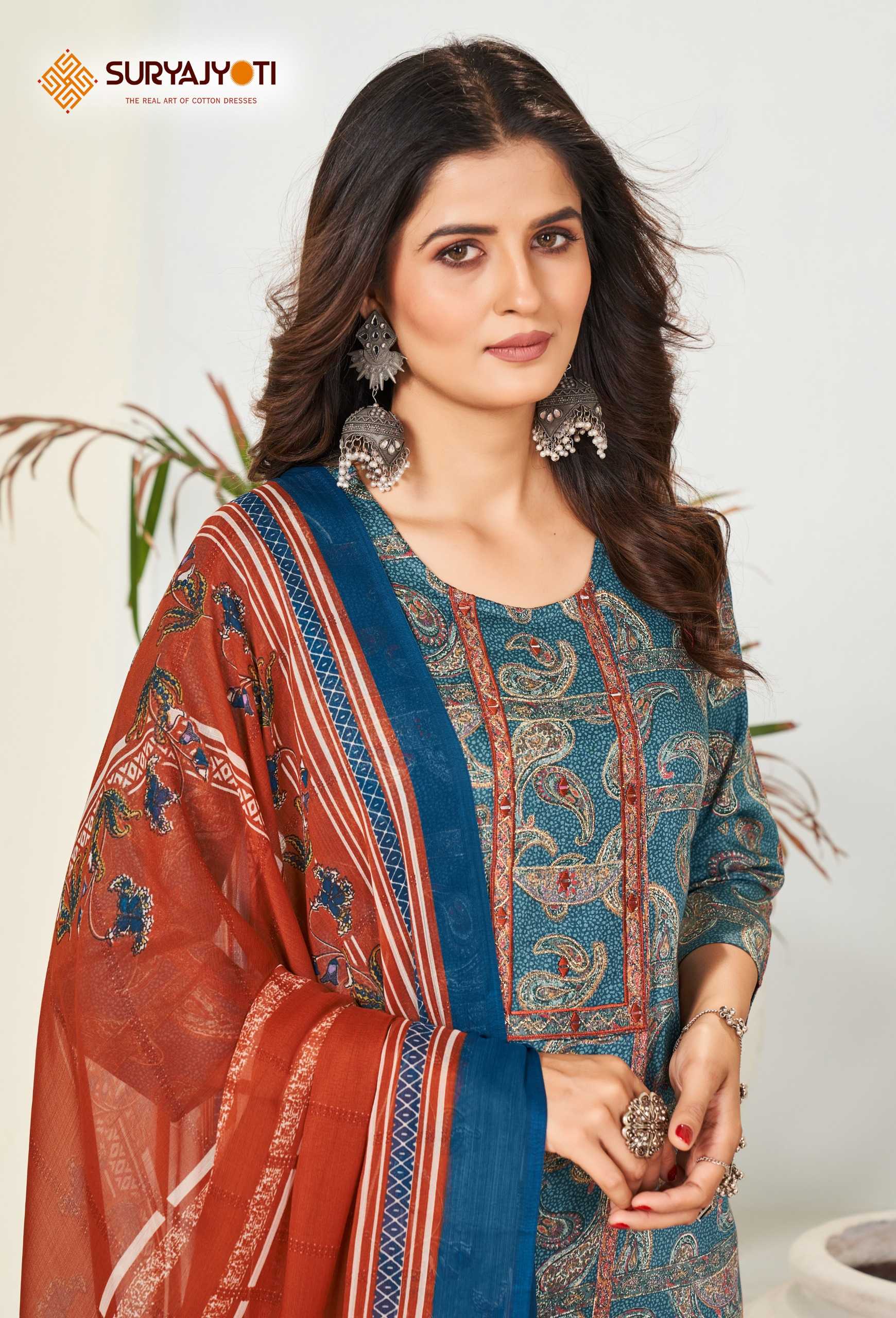 suryajyoti  karishma vol 4  cotton print neck work readymade big size kurtii pant dupatta collection 
