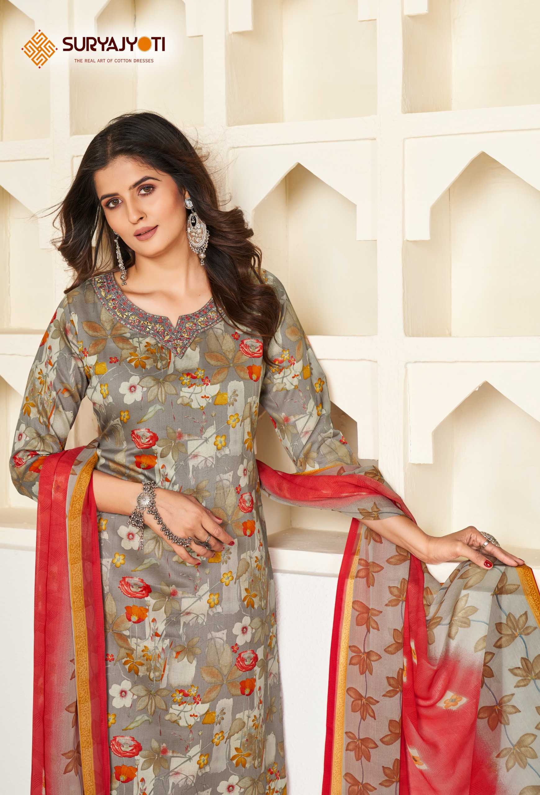 suryajyoti  karishma vol 4  cotton print neck work readymade big size kurtii pant dupatta collection 