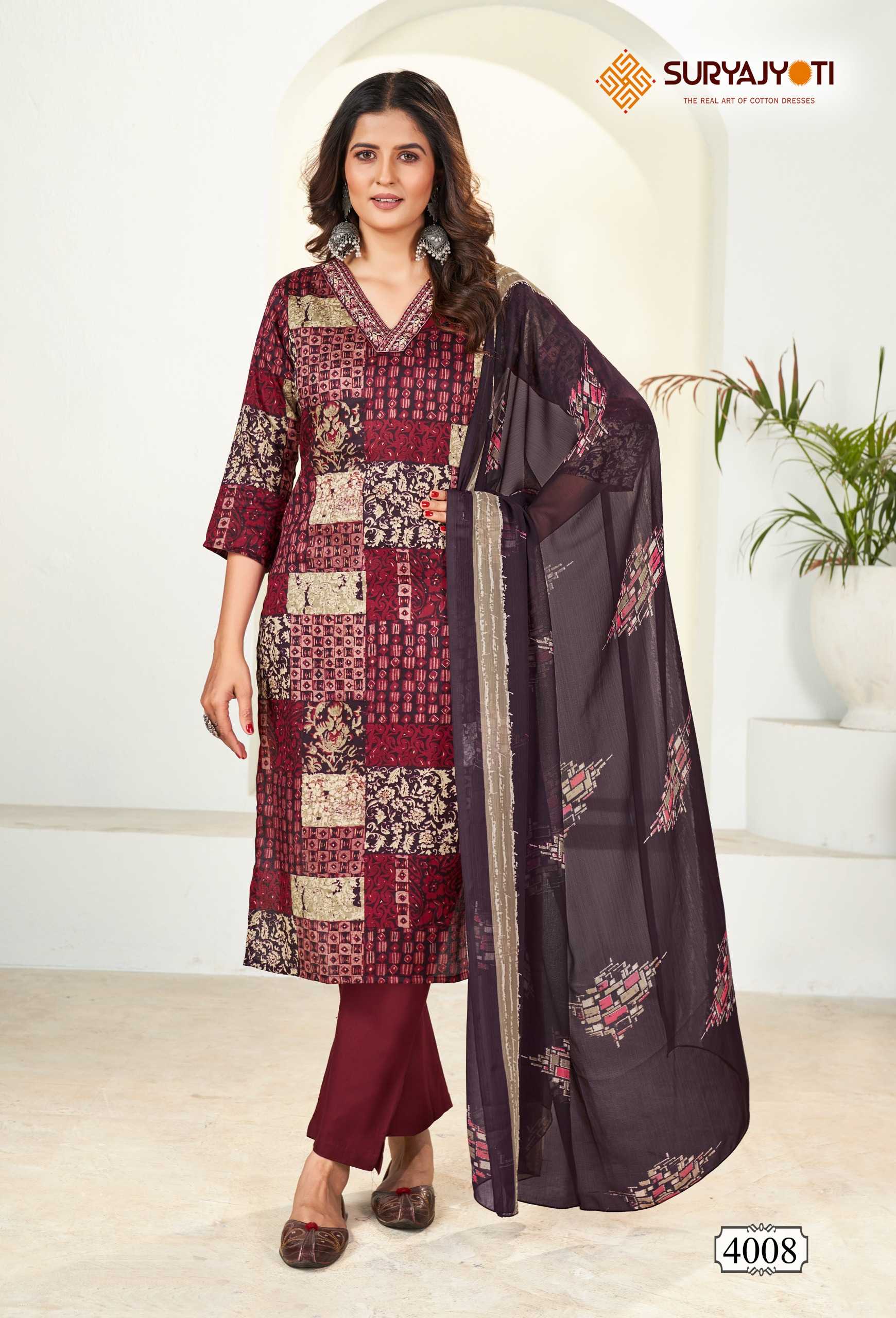 suryajyoti  karishma vol 4  cotton print neck work readymade big size kurtii pant dupatta collection 