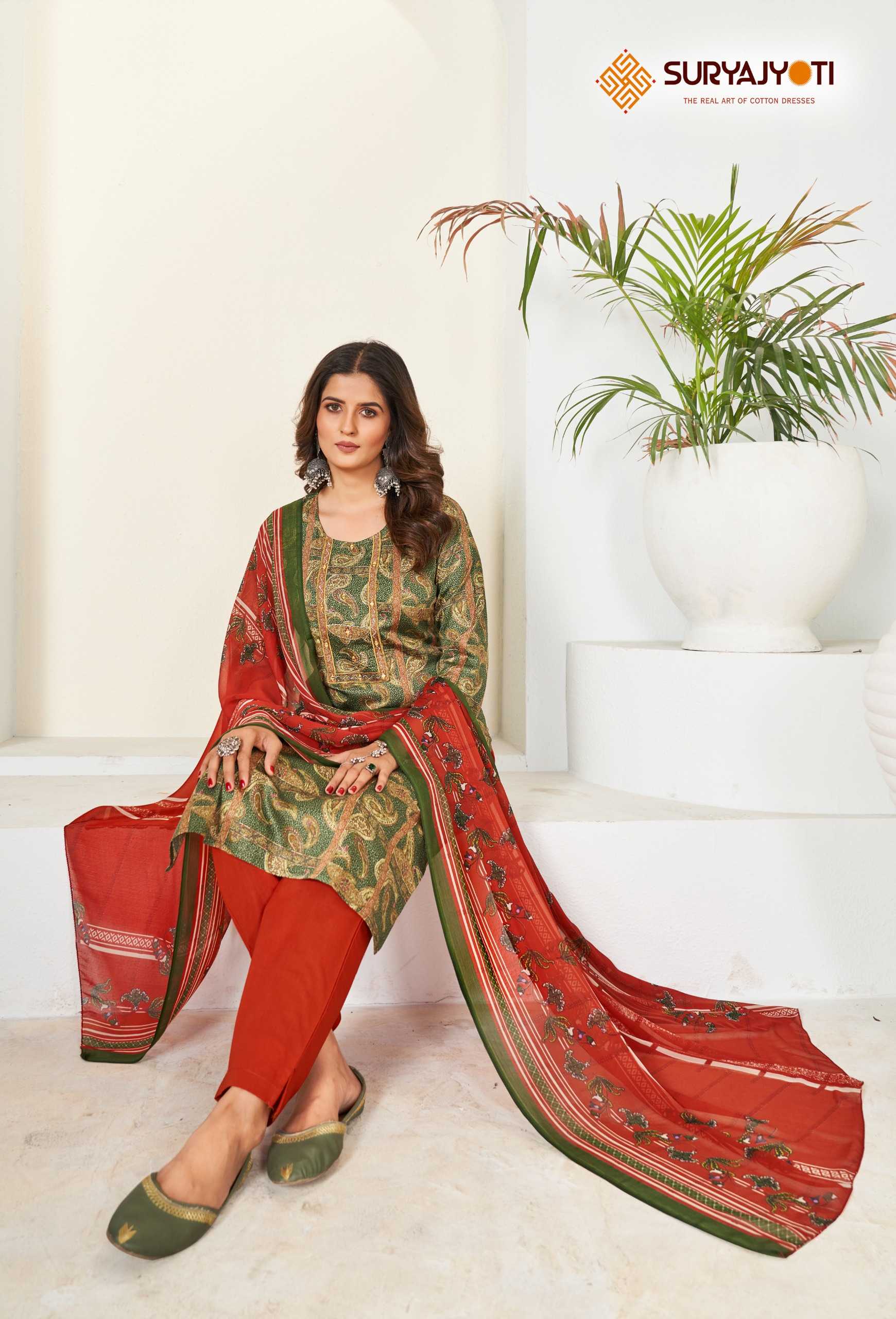 suryajyoti  karishma vol 4  cotton print neck work readymade big size kurtii pant dupatta collection 