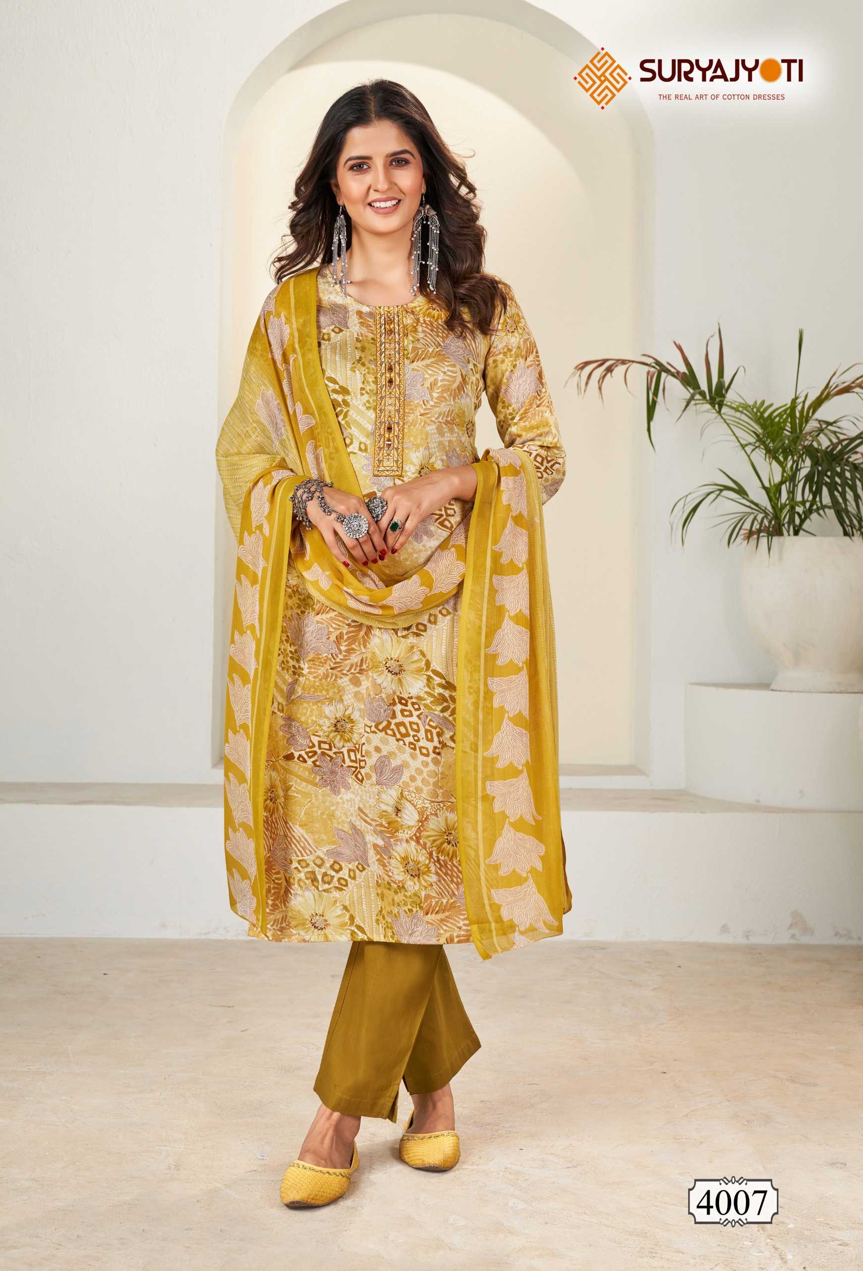 suryajyoti  karishma vol 4  cotton print neck work readymade big size kurtii pant dupatta collection 